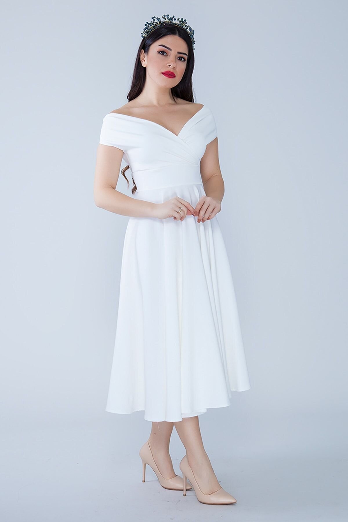 Midi Flared Woven Boat Neck Evening Dress - White - Bidoluelbise