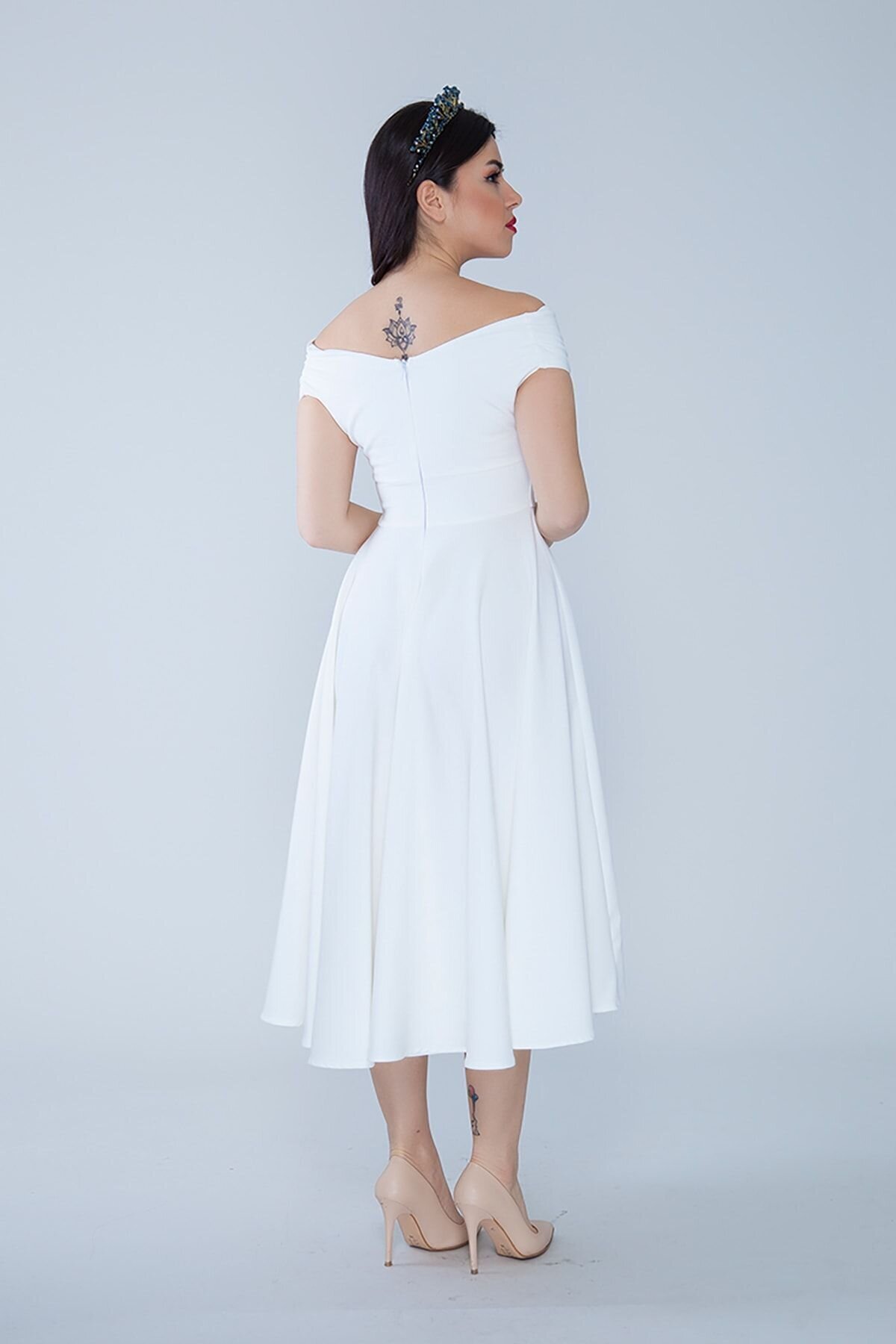 Midi Flared Woven Boat Neck Evening Dress - White - Bidoluelbise