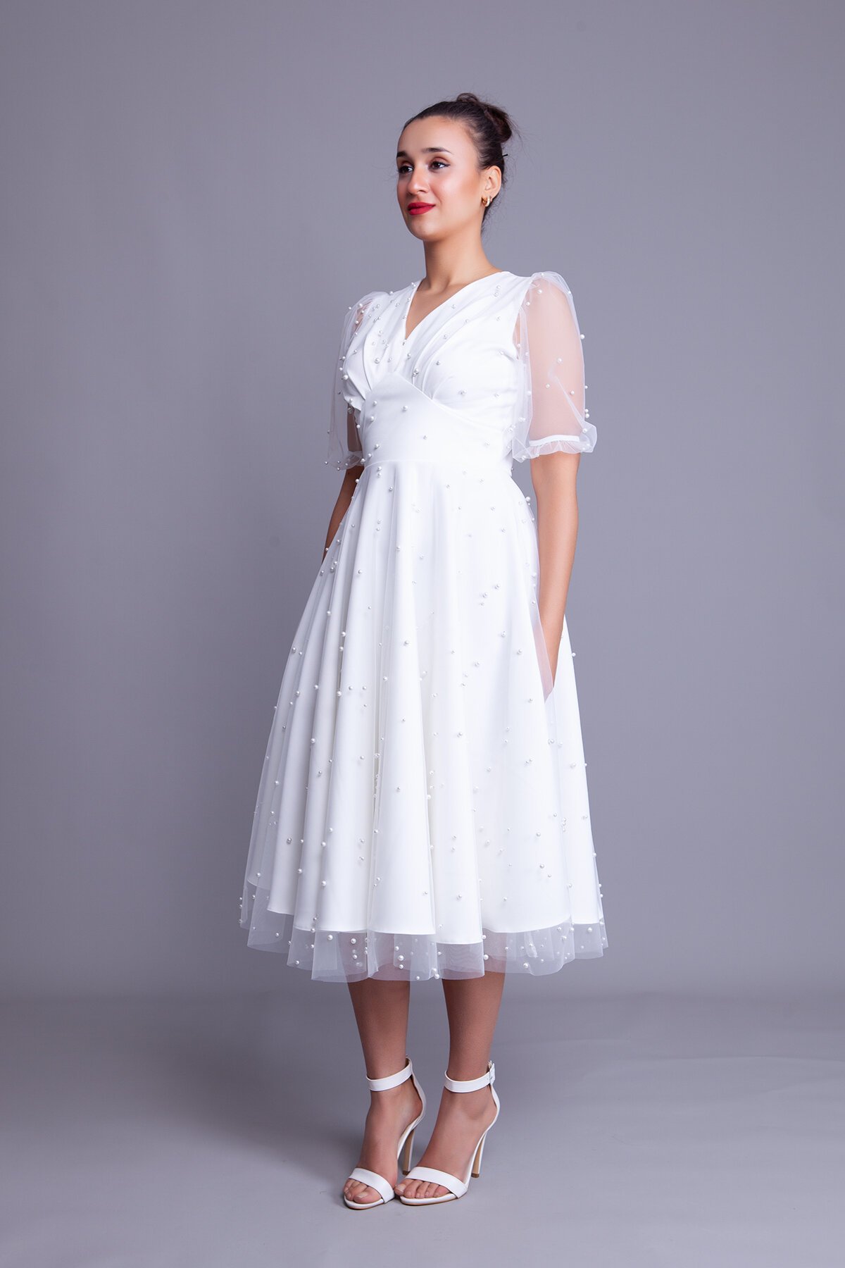 Midi Pearl Tulle Overlay V-Neck Short Balloon Sleeve Evening Dress - White - Bidoluelbise
