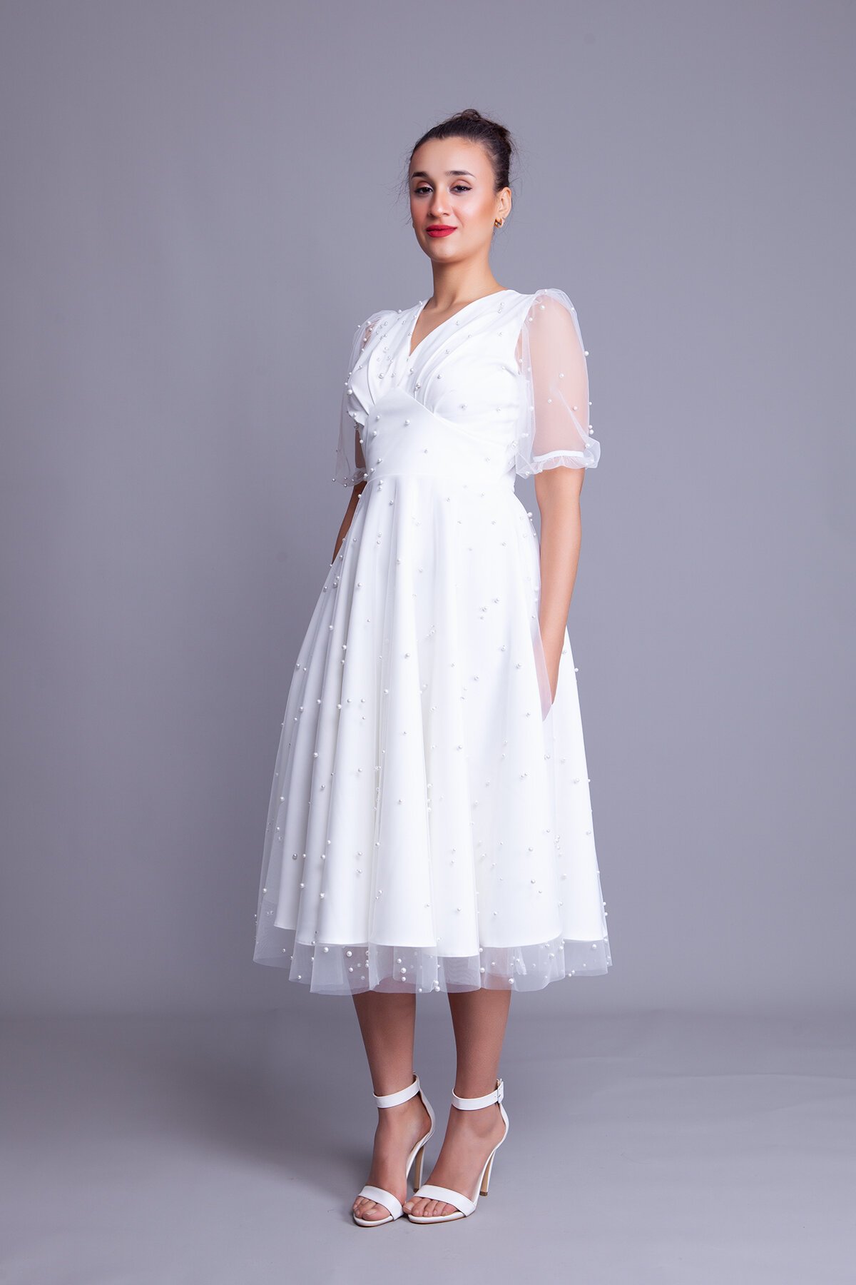 Midi Pearl Tulle Overlay V-Neck Short Balloon Sleeve Evening Dress - White - Bidoluelbise