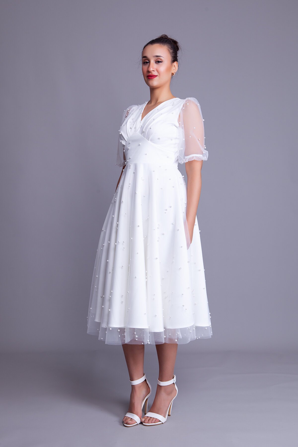 Midi Pearl Tulle Overlay V-Neck Short Balloon Sleeve Evening Dress - White - Bidoluelbise
