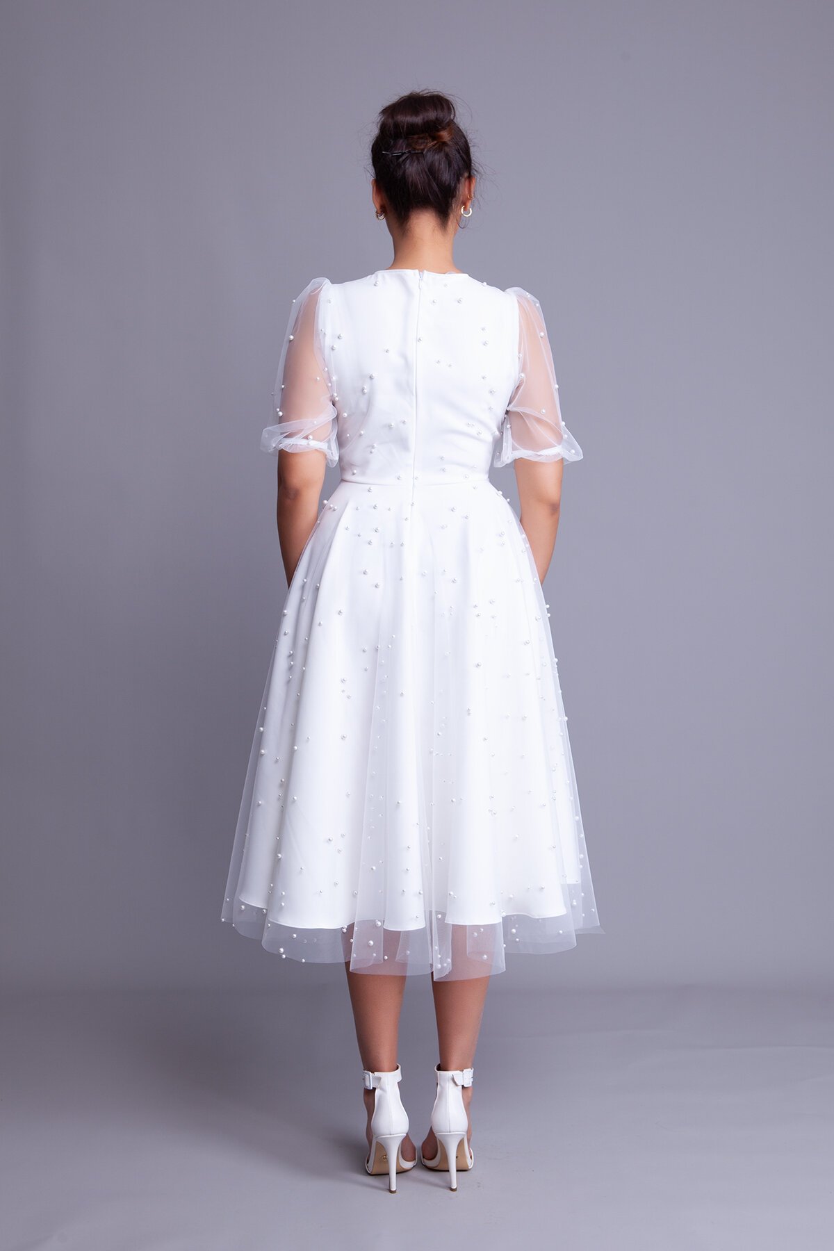 Midi Pearl Tulle Overlay V-Neck Short Balloon Sleeve Evening Dress - White - Bidoluelbise