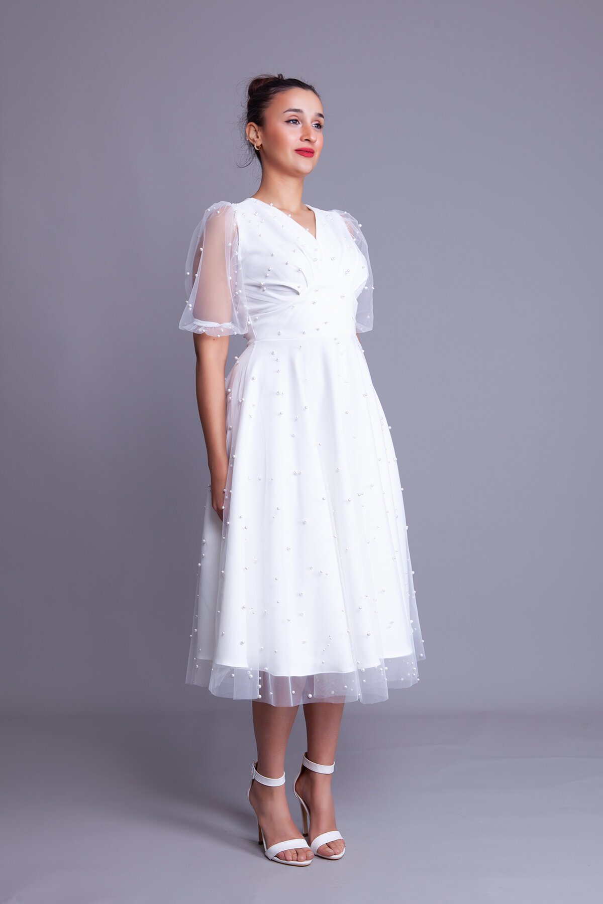 Midi Pearl Tulle Overlay V-Neck Short Balloon Sleeve Evening Dress - White - Bidoluelbise