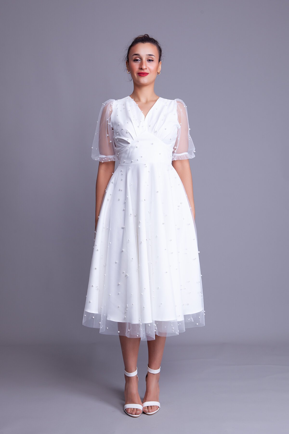 Midi Pearl Tulle Overlay V-Neck Short Balloon Sleeve Evening Dress - White - Bidoluelbise