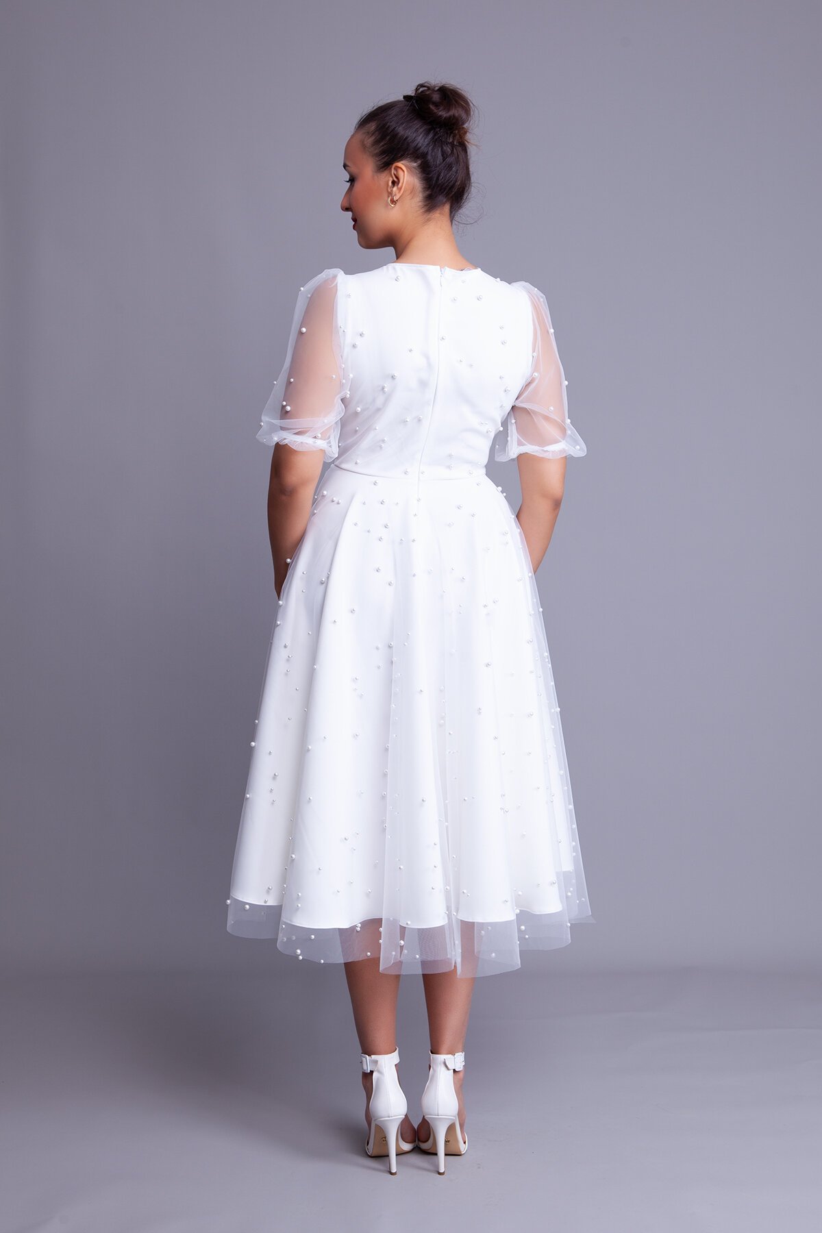 Midi Pearl Tulle Overlay V-Neck Short Balloon Sleeve Evening Dress - White - Bidoluelbise