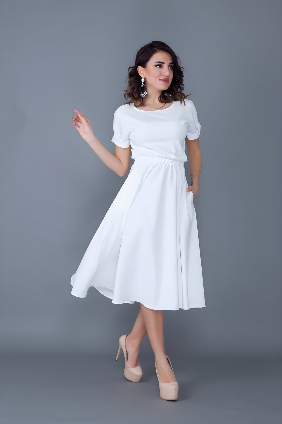 فستان ميدي أبيض بأكمام خفاش وخصر مطاطي بجيوب - Bidoluelbise