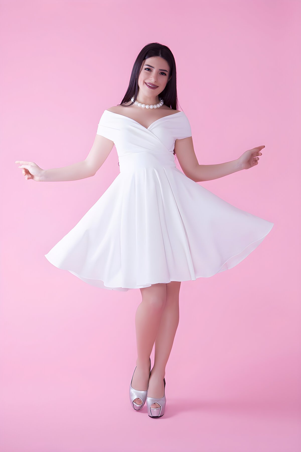 Mini Flared Drapey Pleated Boat Neck Evening Dress - White - Bidoluelbise