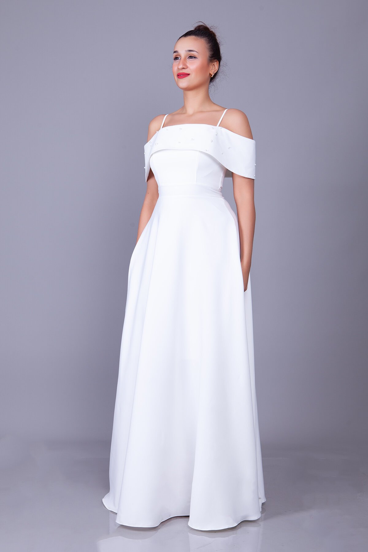 Long Strappy Boat Neck Evening Dress with Pearl Detail - White - Bidoluelbise