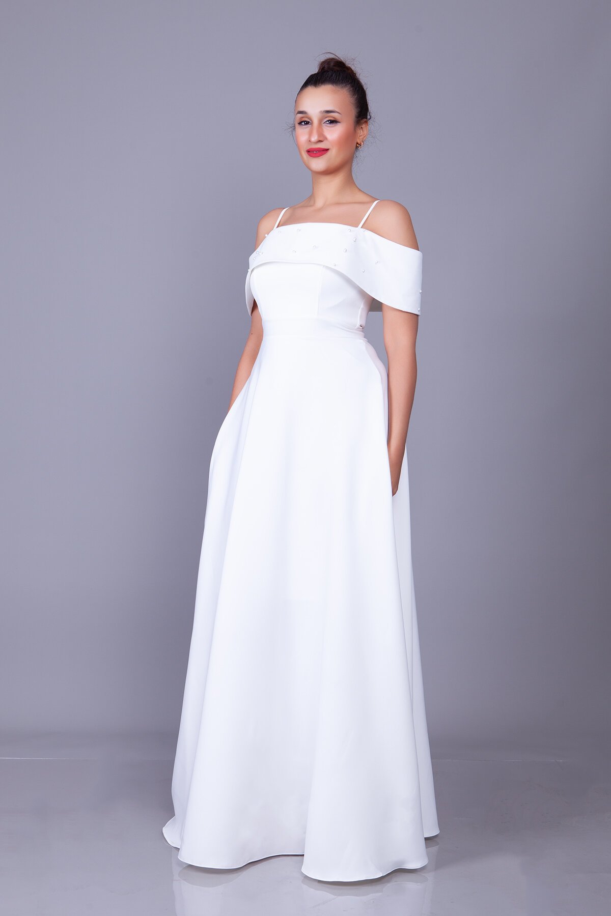Long Strappy Boat Neck Evening Dress with Pearl Detail - White - Bidoluelbise