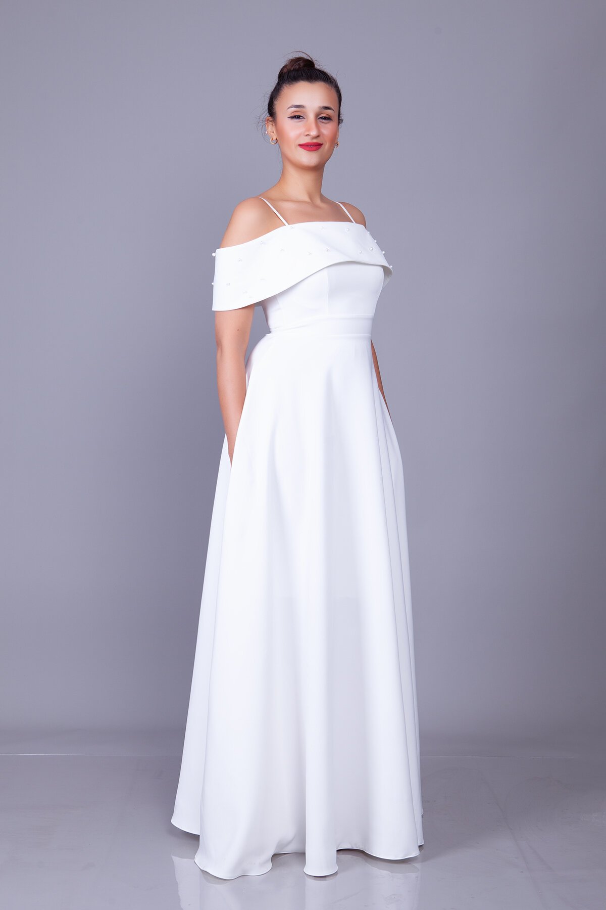 Long Strappy Boat Neck Evening Dress with Pearl Detail - White - Bidoluelbise