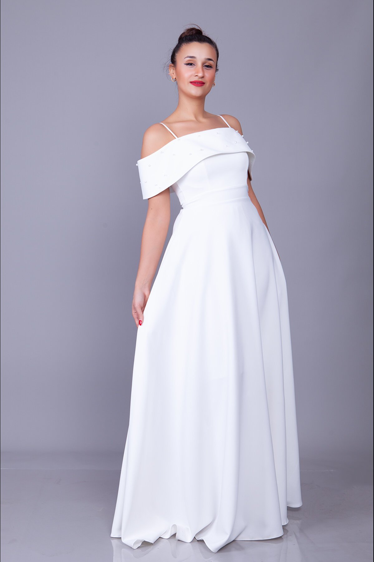 Long Strappy Boat Neck Evening Dress with Pearl Detail - White - Bidoluelbise