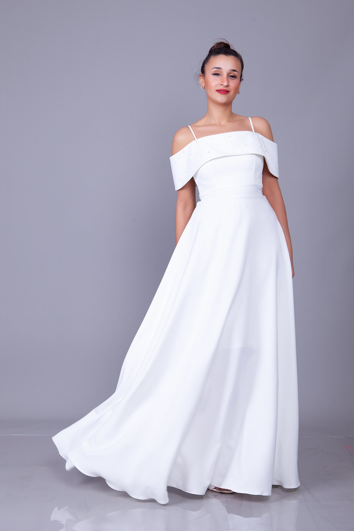 Long Strappy Boat Neck Evening Dress with Pearl Detail - White - Bidoluelbise