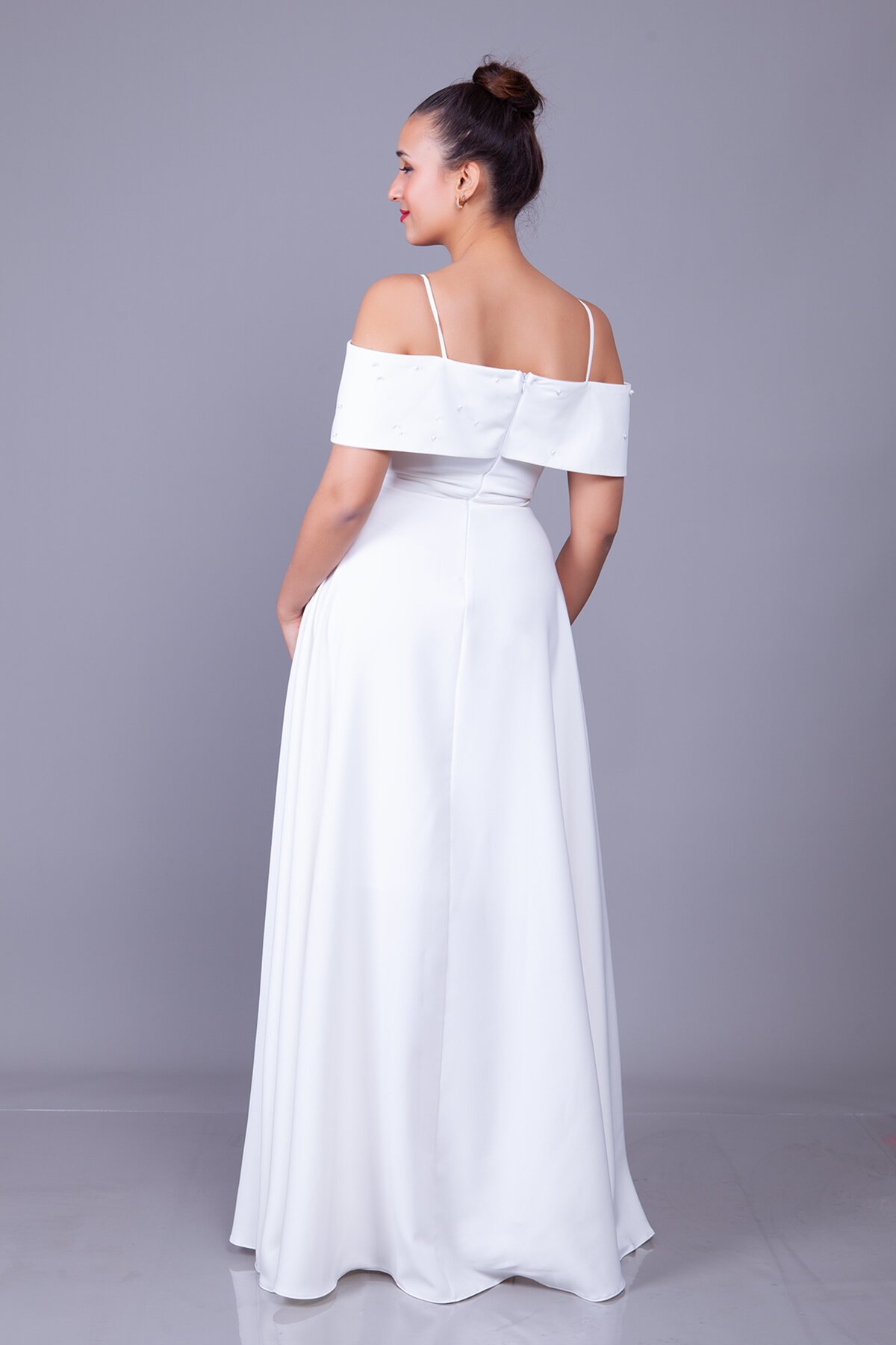 Long Strappy Boat Neck Evening Dress with Pearl Detail - White - Bidoluelbise