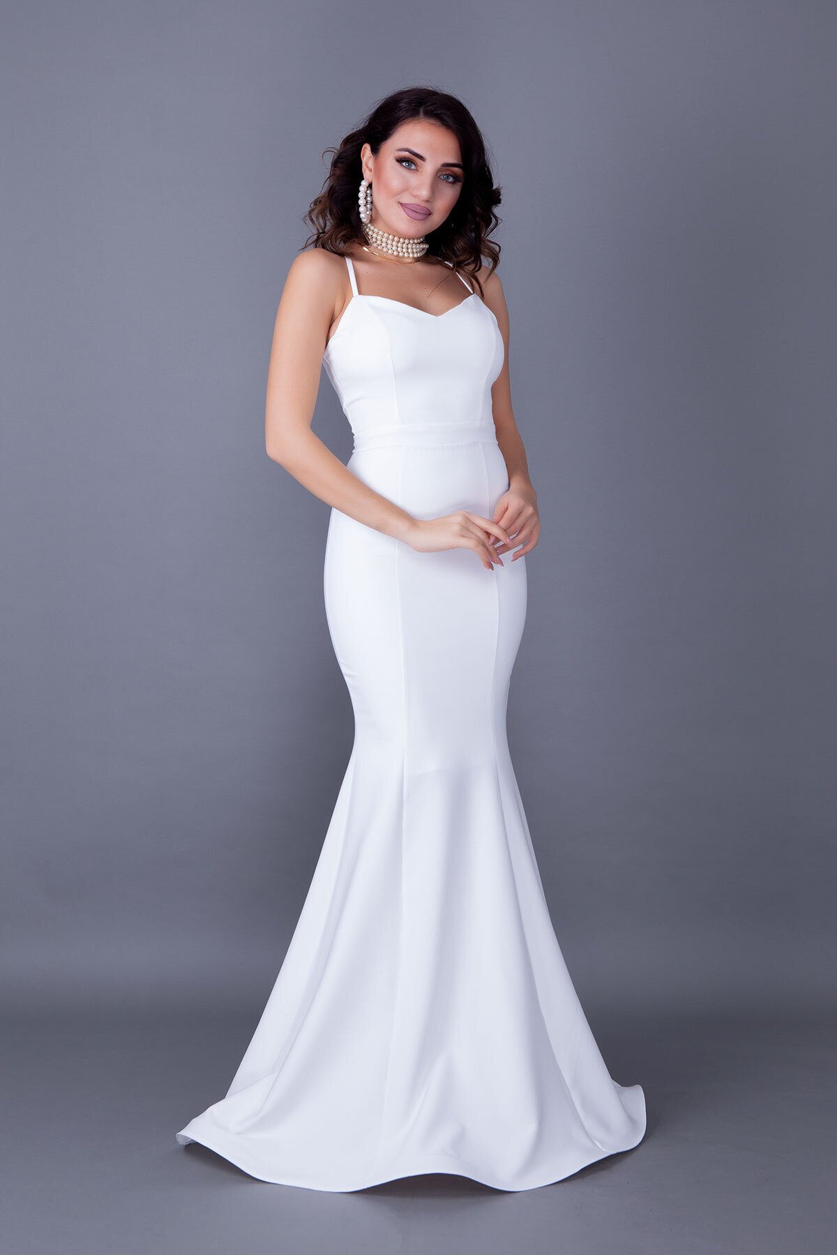 Long Mermaid Lace-up Back Evening Dress - White - Bidoluelbise