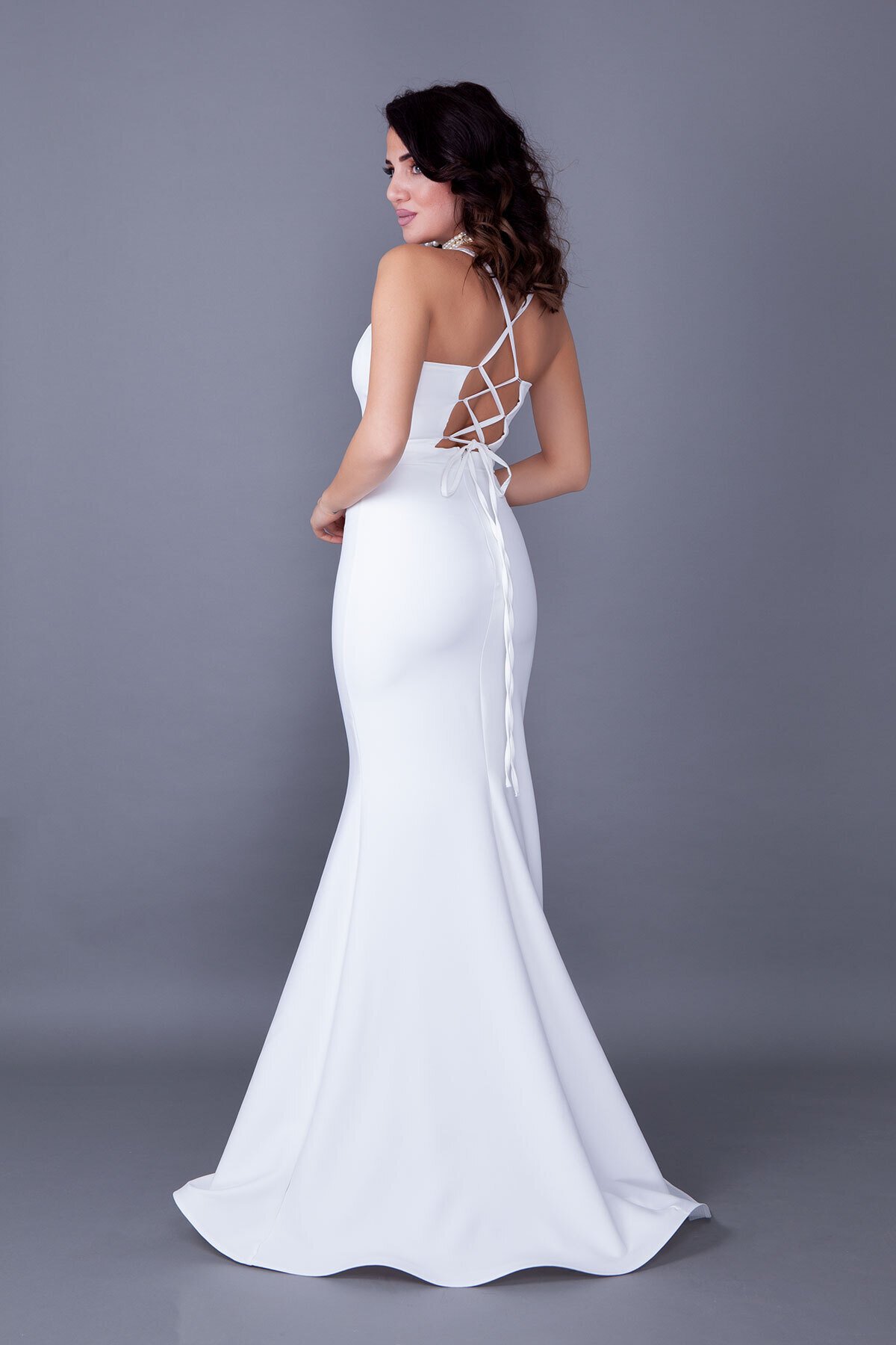 Long Mermaid Lace-up Back Evening Dress - White - Bidoluelbise