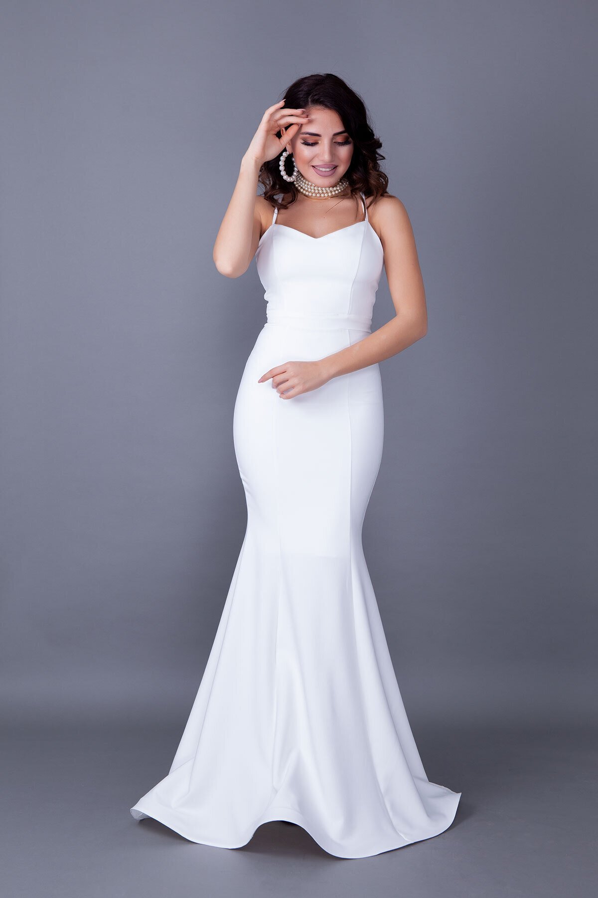 Long Mermaid Lace-up Back Evening Dress - White - Bidoluelbise