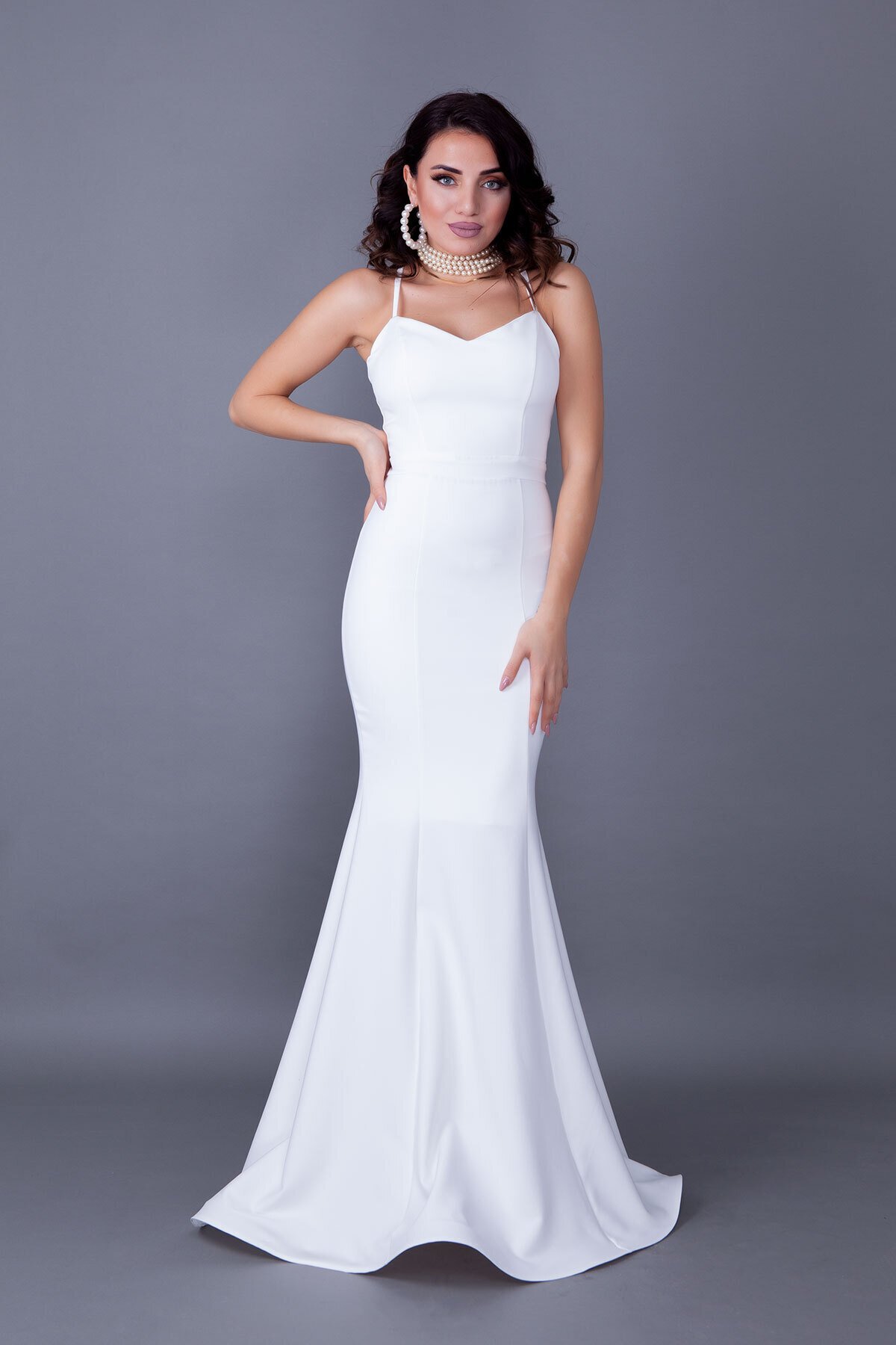 Long Mermaid Lace-up Back Evening Dress - White - Bidoluelbise