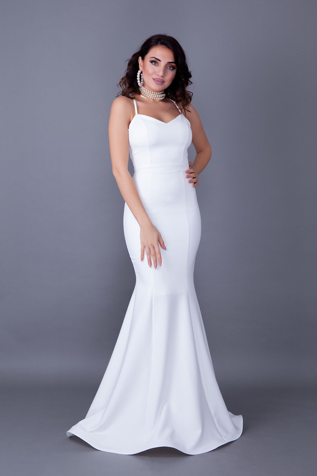 Long Mermaid Lace-up Back Evening Dress - White - Bidoluelbise