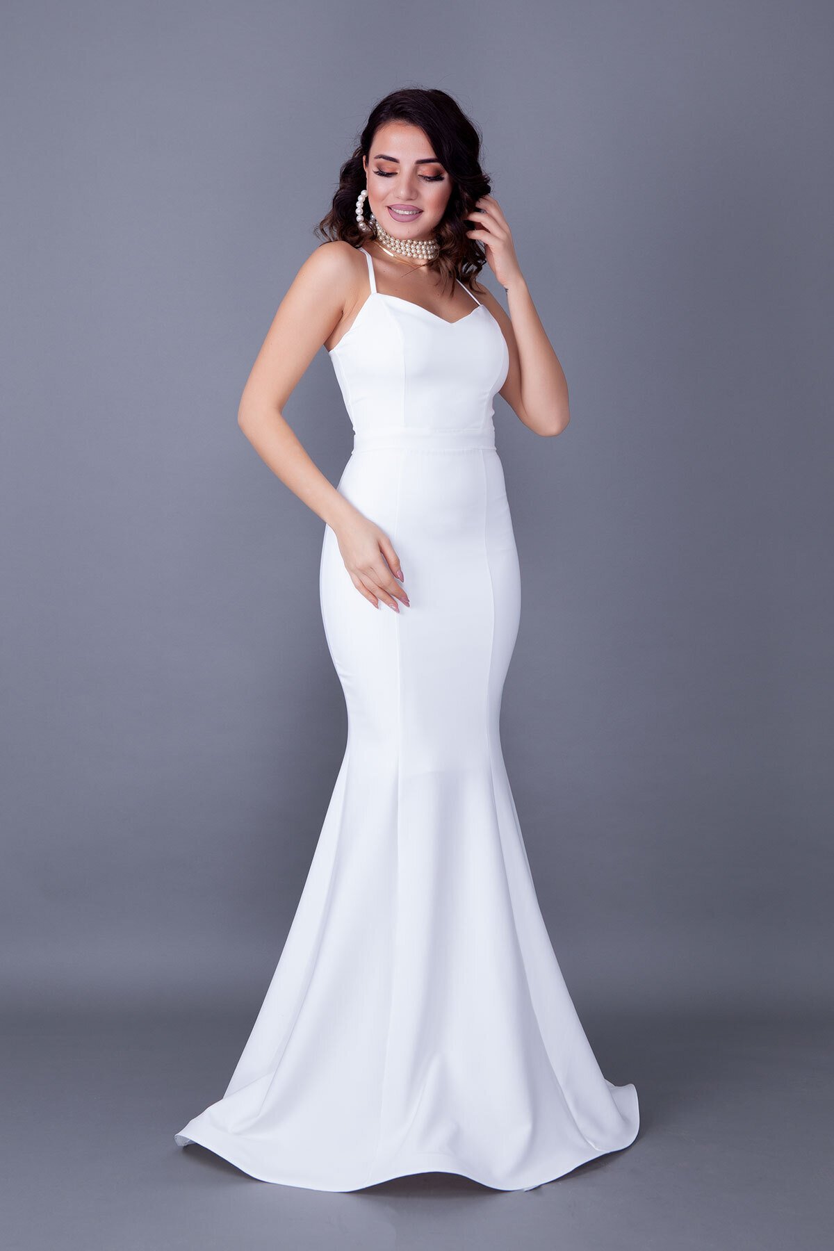Long Mermaid Lace-up Back Evening Dress - White - Bidoluelbise