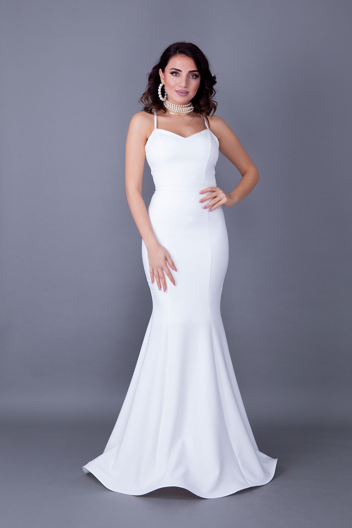 Long Mermaid Lace-up Back Evening Dress - White - Bidoluelbise