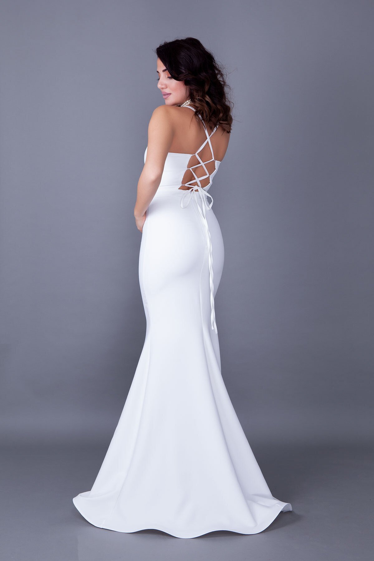 Long Mermaid Lace-up Back Evening Dress - White - Bidoluelbise