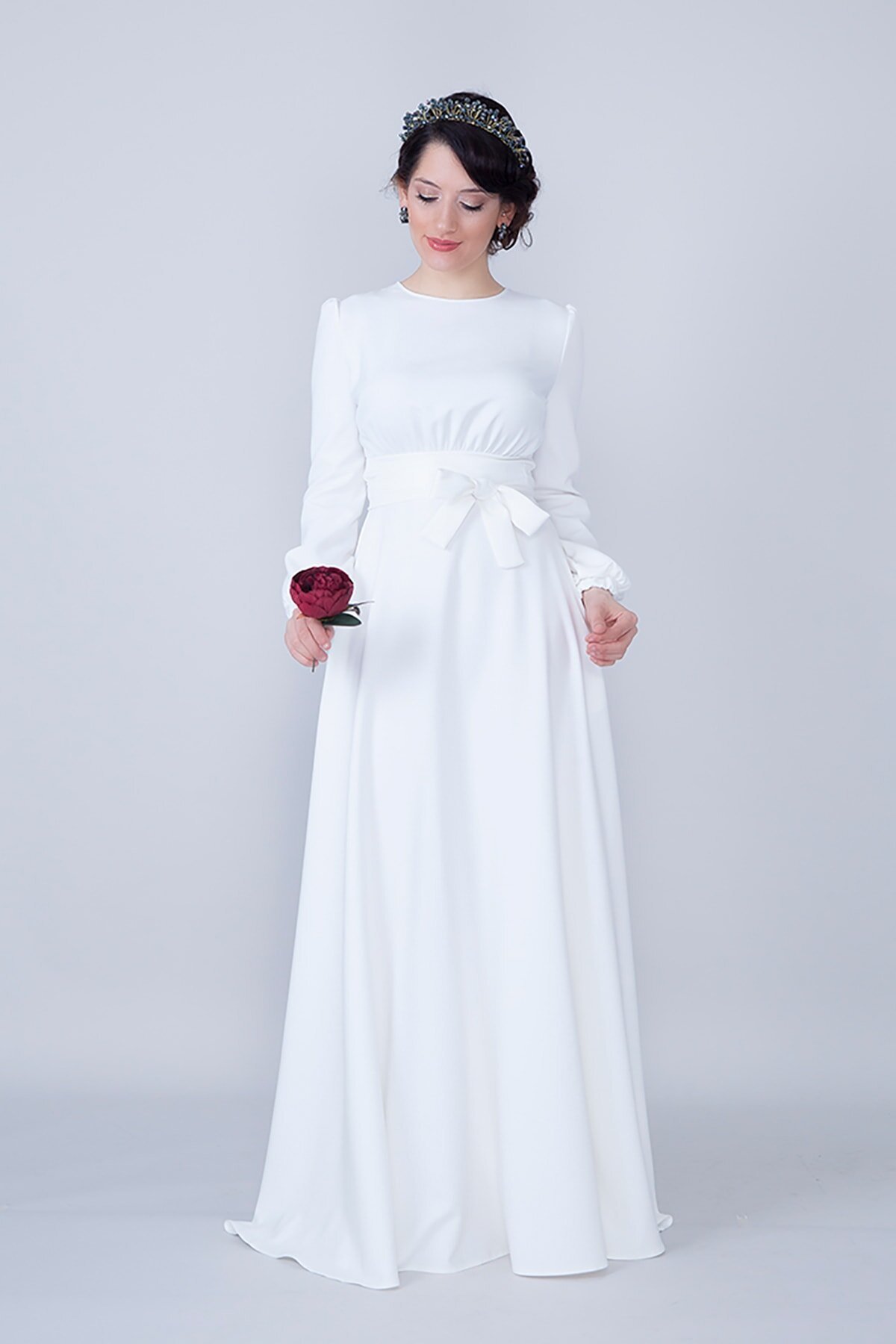 Long Shirred Waist Belted Round Neck Evening Dress - White - Bidoluelbise