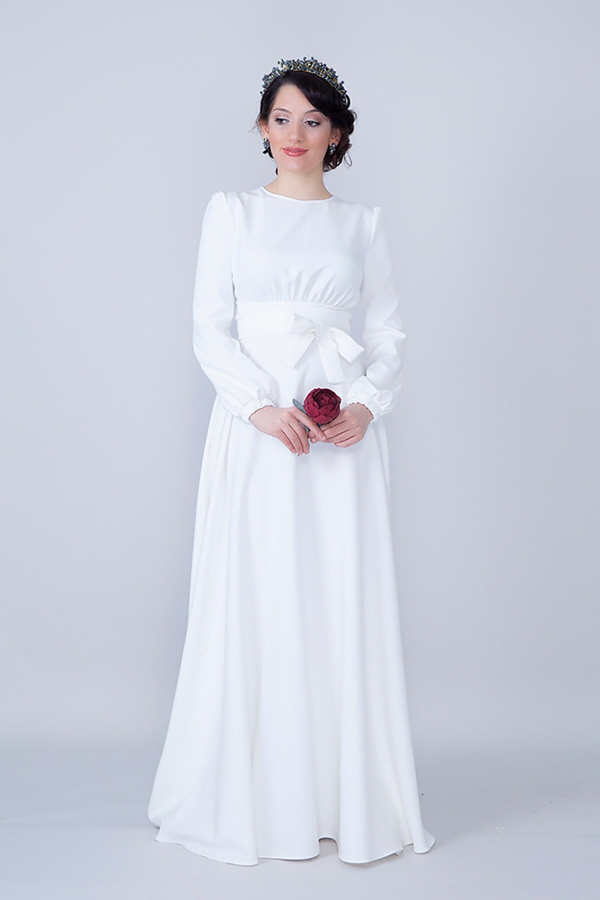 Long Shirred Waist Belted Round Neck Evening Dress - White - Bidoluelbise