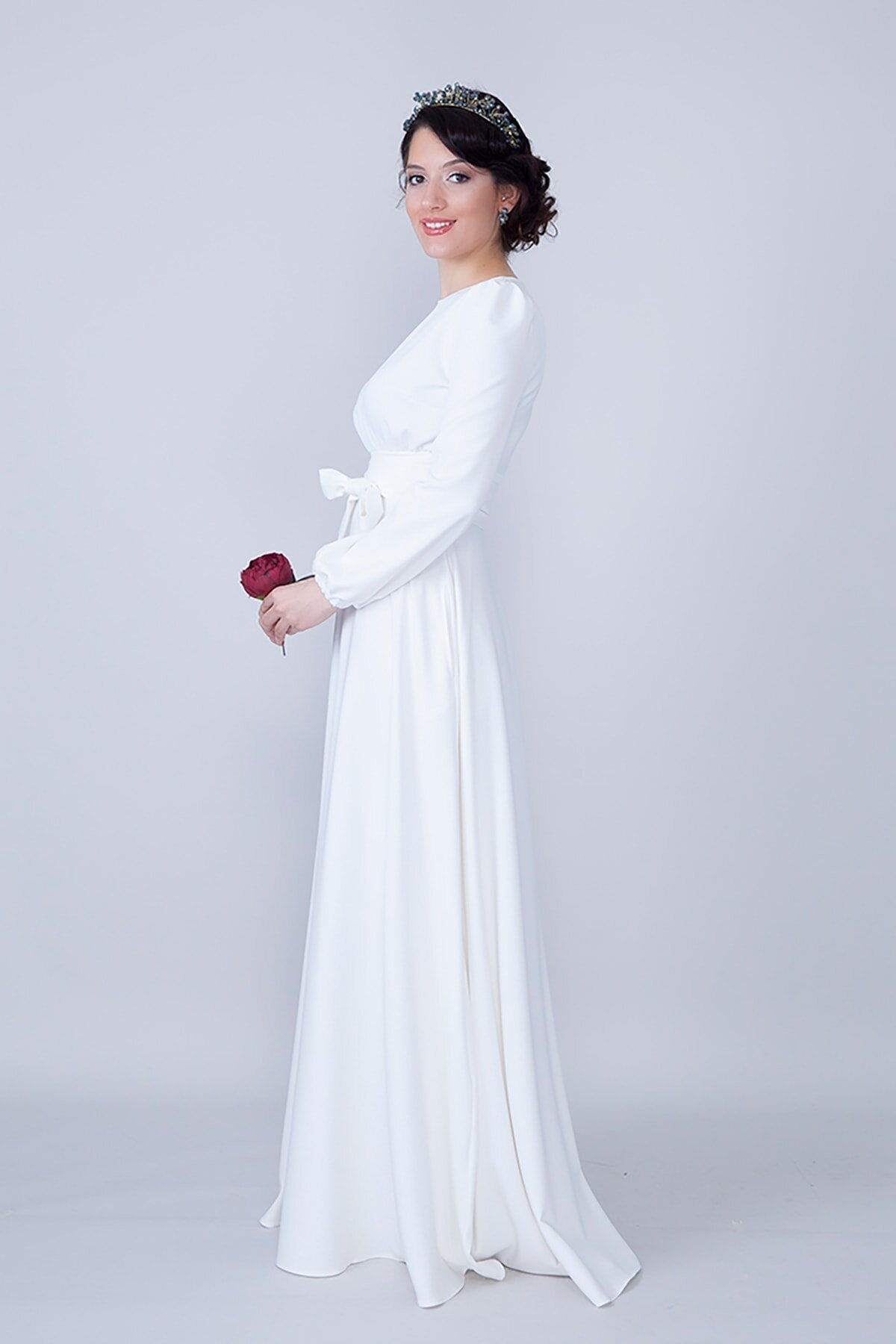 Long Shirred Waist Belted Round Neck Evening Dress - White - Bidoluelbise