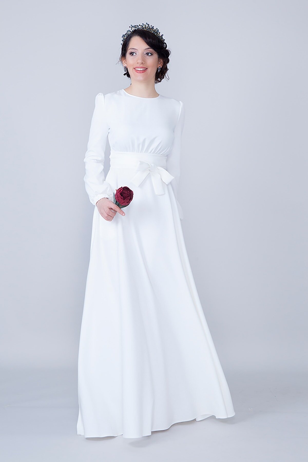 Long Shirred Waist Belted Round Neck Evening Dress - White - Bidoluelbise