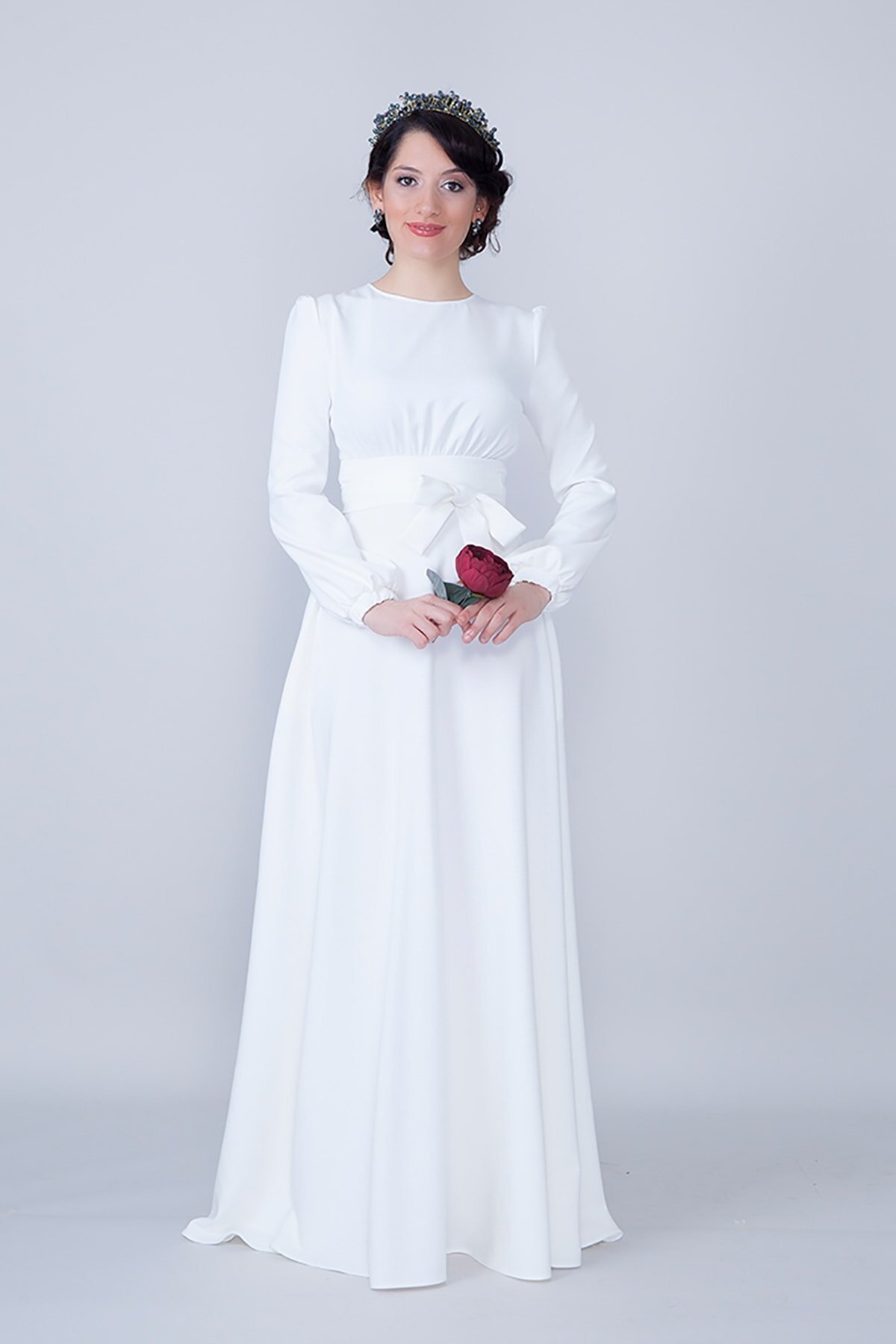 Long Shirred Waist Belted Round Neck Evening Dress - White - Bidoluelbise