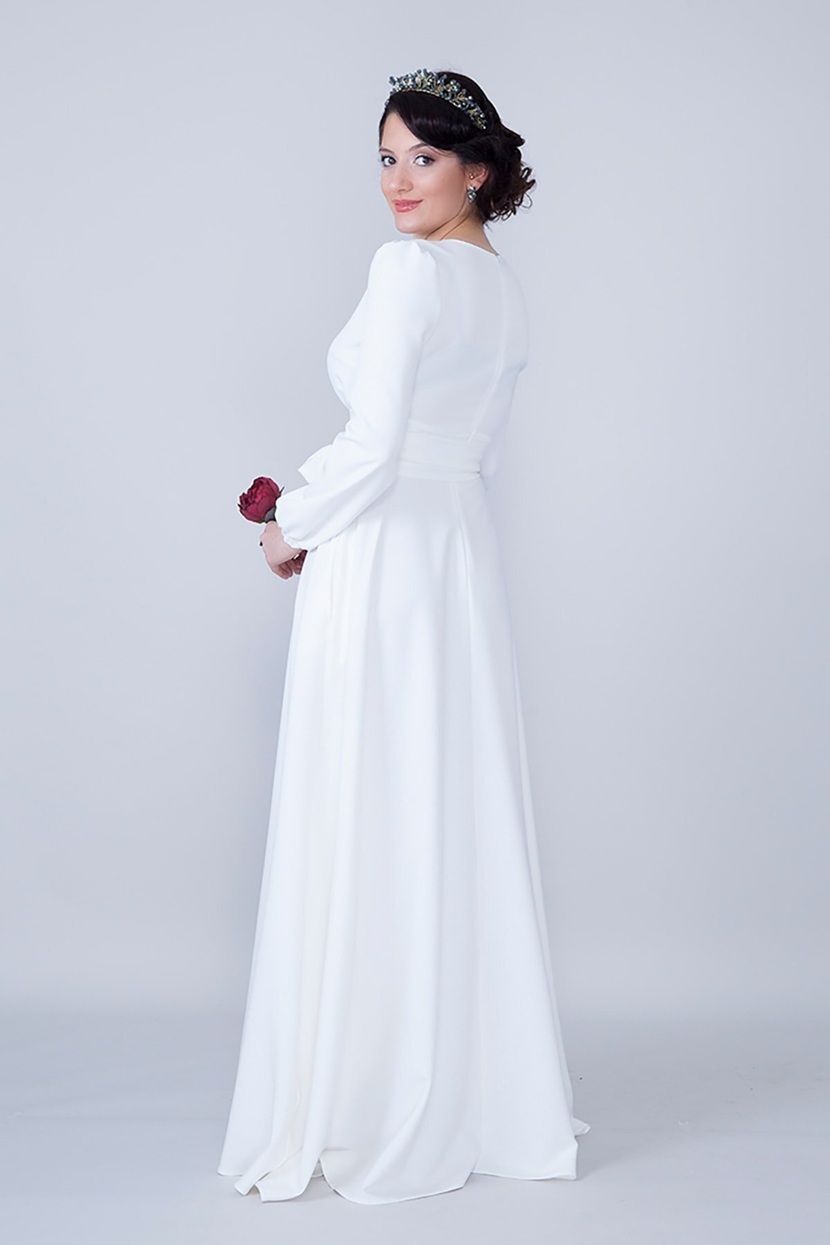 Long Shirred Waist Belted Round Neck Evening Dress - White - Bidoluelbise