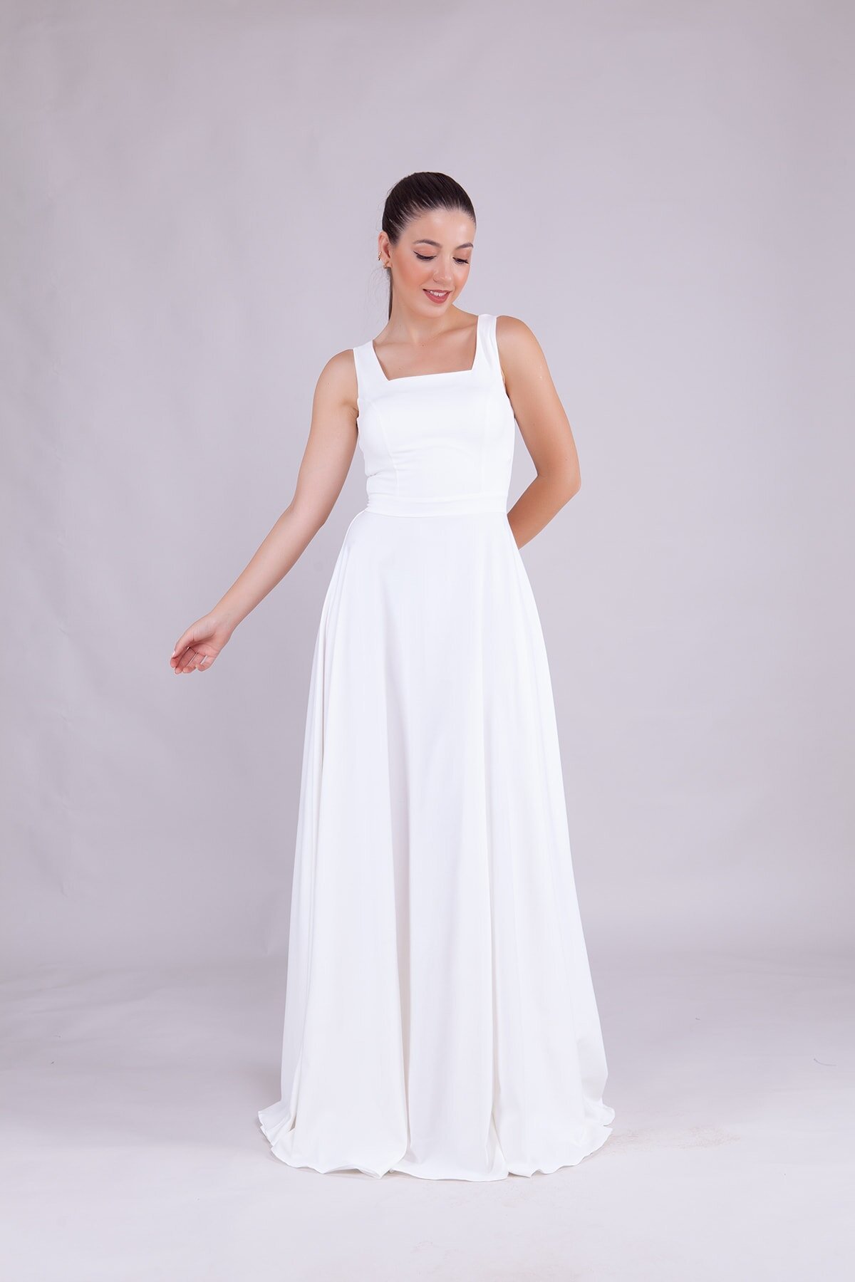 Long Square Neck Evening Dress - White - Bidoluelbise