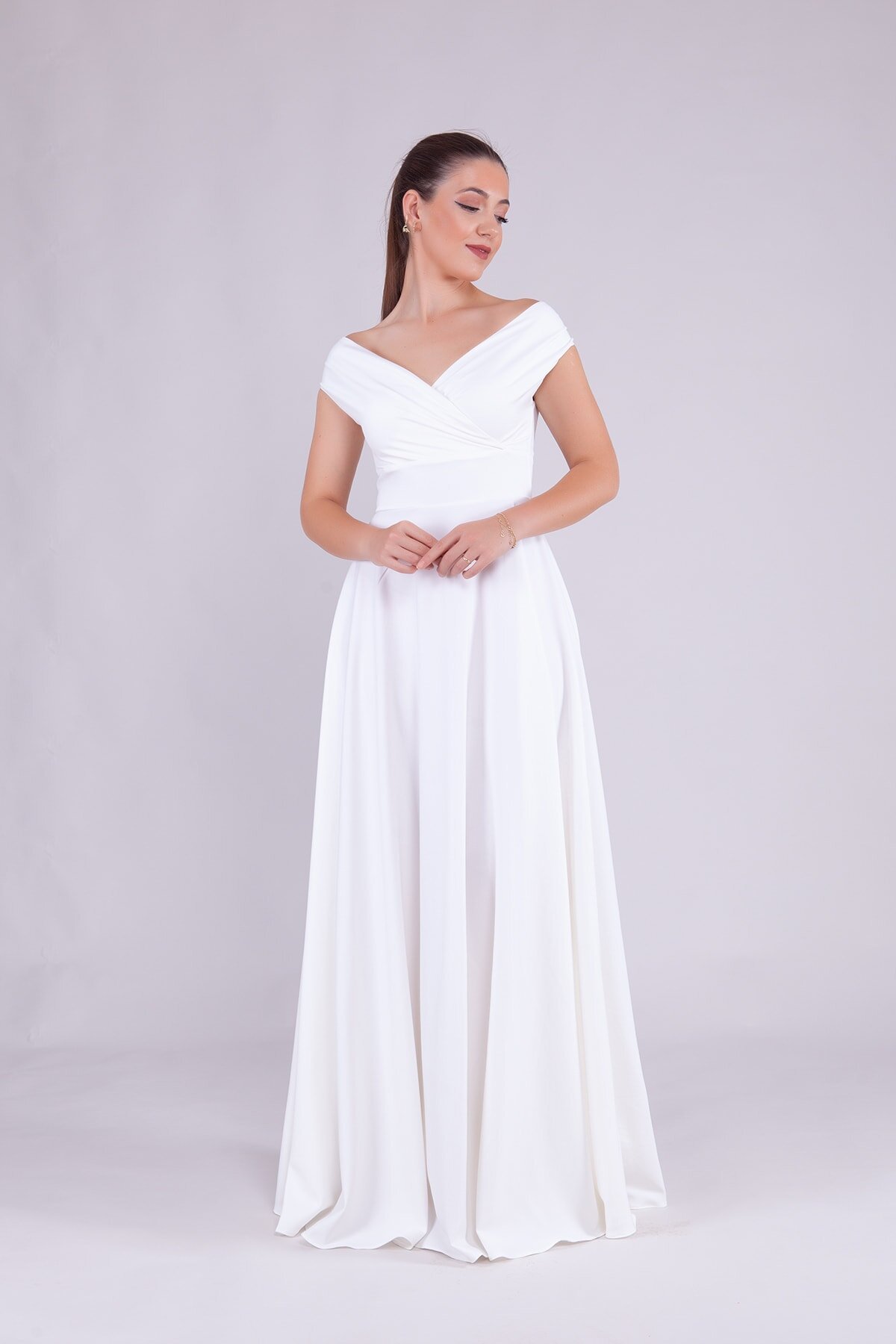 Long Boat Neck Evening Dress - White - Bidoluelbise