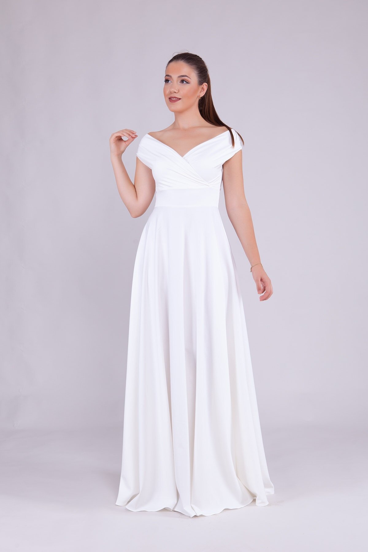 Long Boat Neck Evening Dress - White - Bidoluelbise