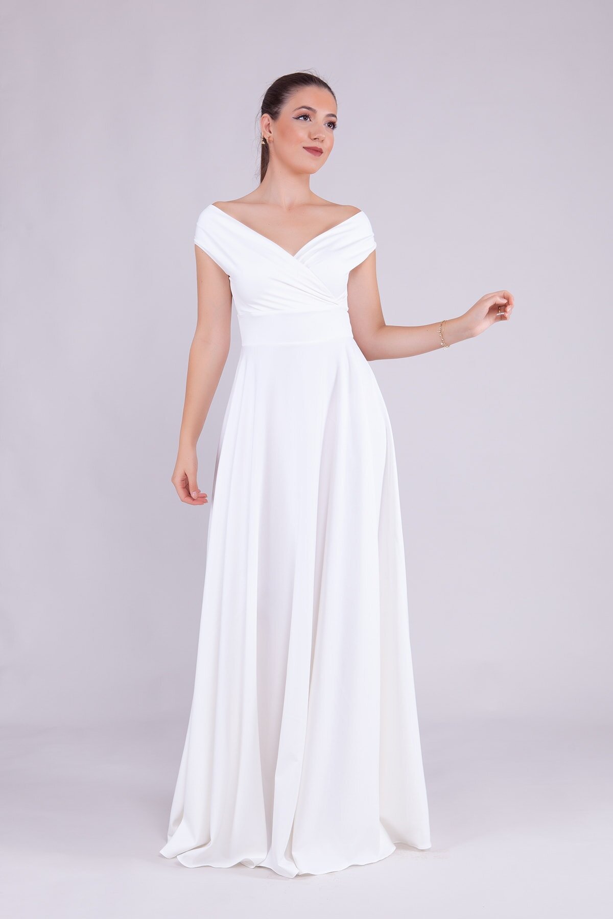 Long Boat Neck Evening Dress - White - Bidoluelbise