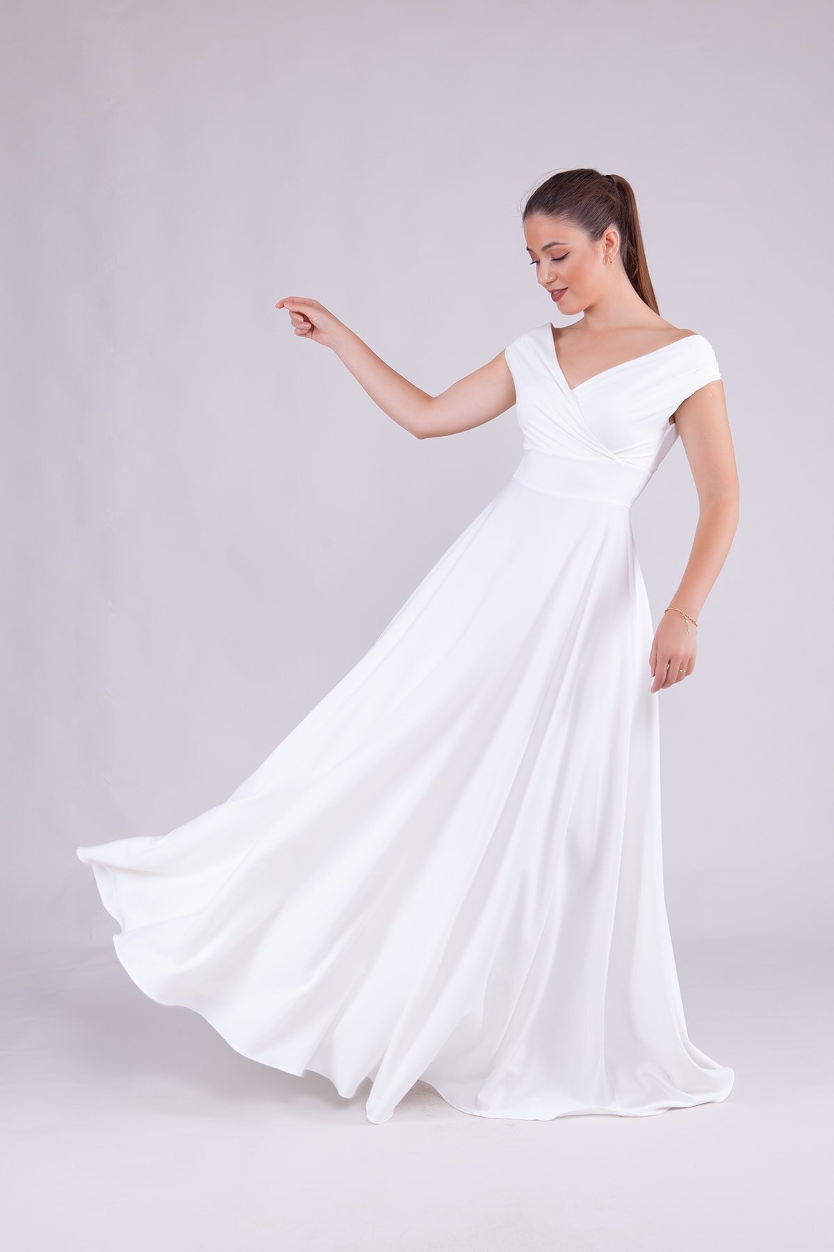 Long Boat Neck Evening Dress - White - Bidoluelbise