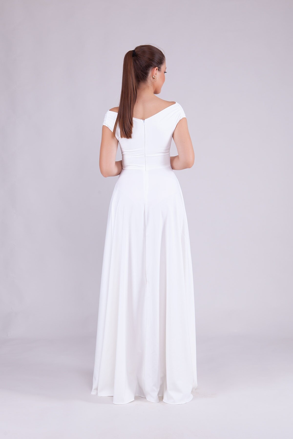 Long Boat Neck Evening Dress - White - Bidoluelbise
