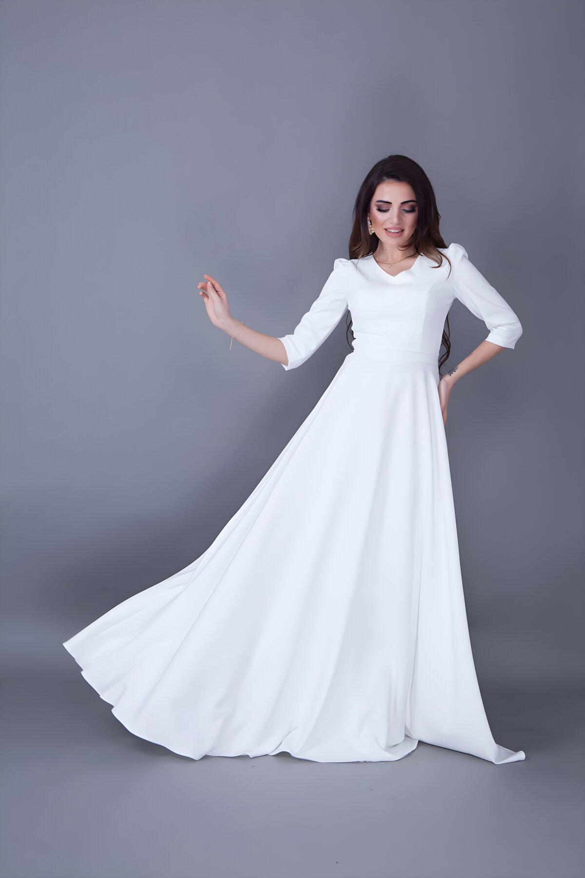 Long V-Neck Evening Dress - White - Bidoluelbise