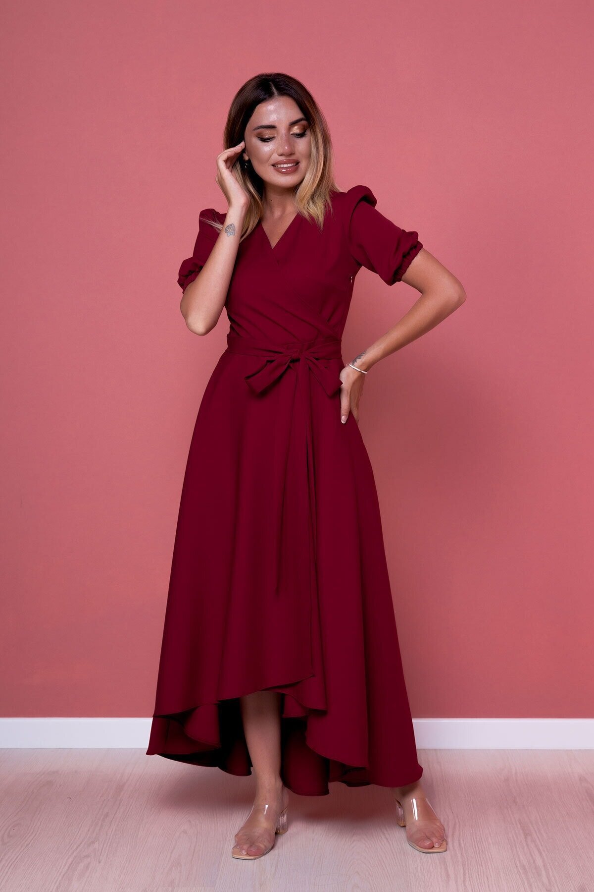 Bordo Büyük Beden Midi Asimetrik Kesim Elbise - Bidoluelbise