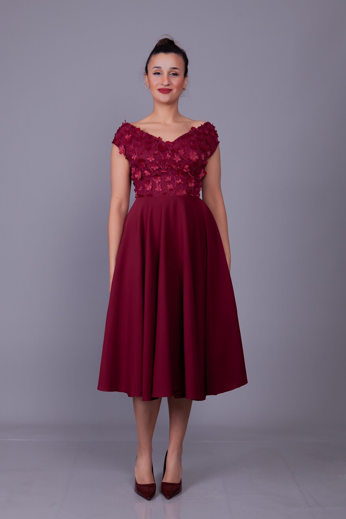 Midi Floral Tulle Detail Boat Neck Evening Dress - Burgundy - Bidoluelbise