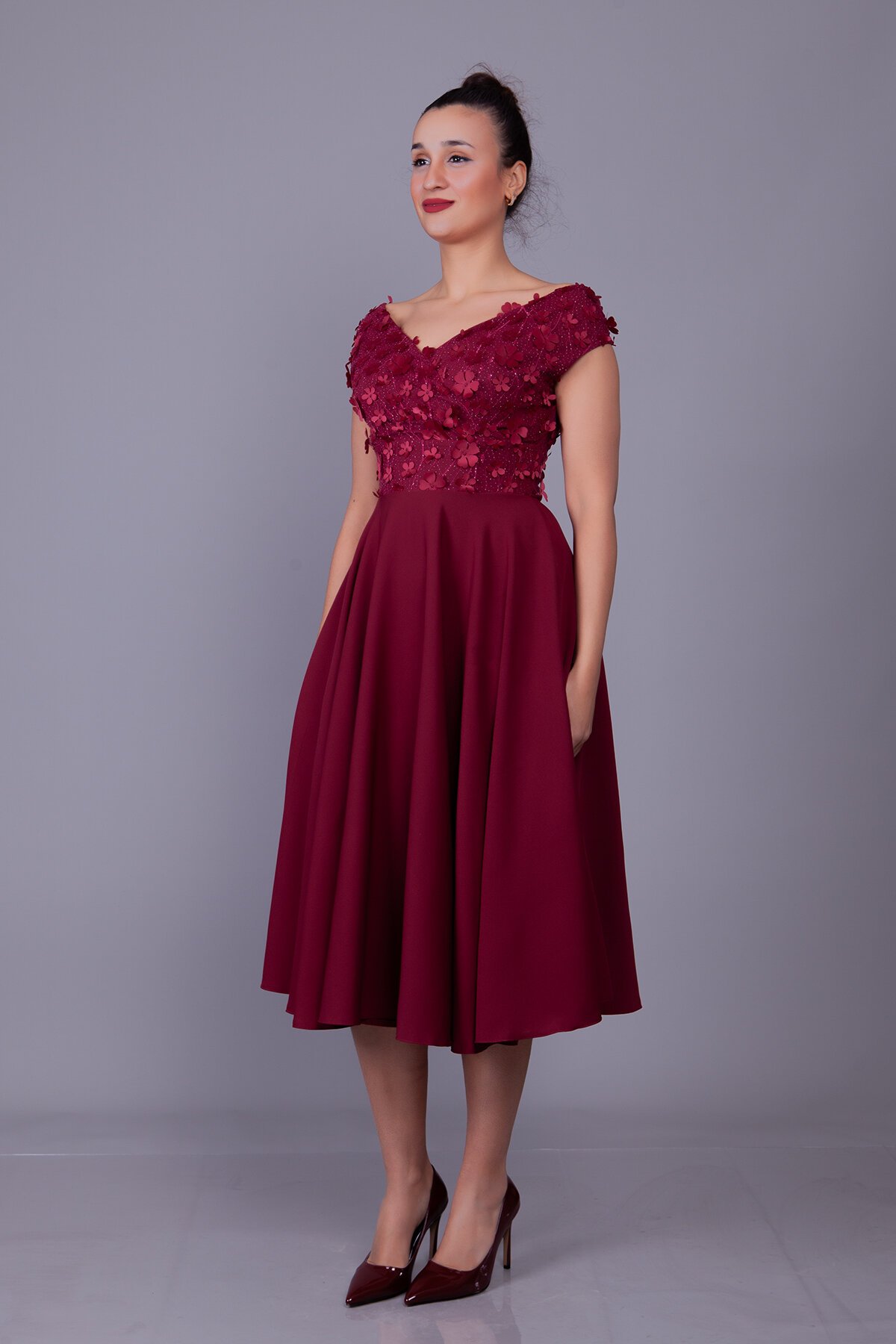 Midi Floral Tulle Detail Boat Neck Evening Dress - Burgundy - Bidoluelbise