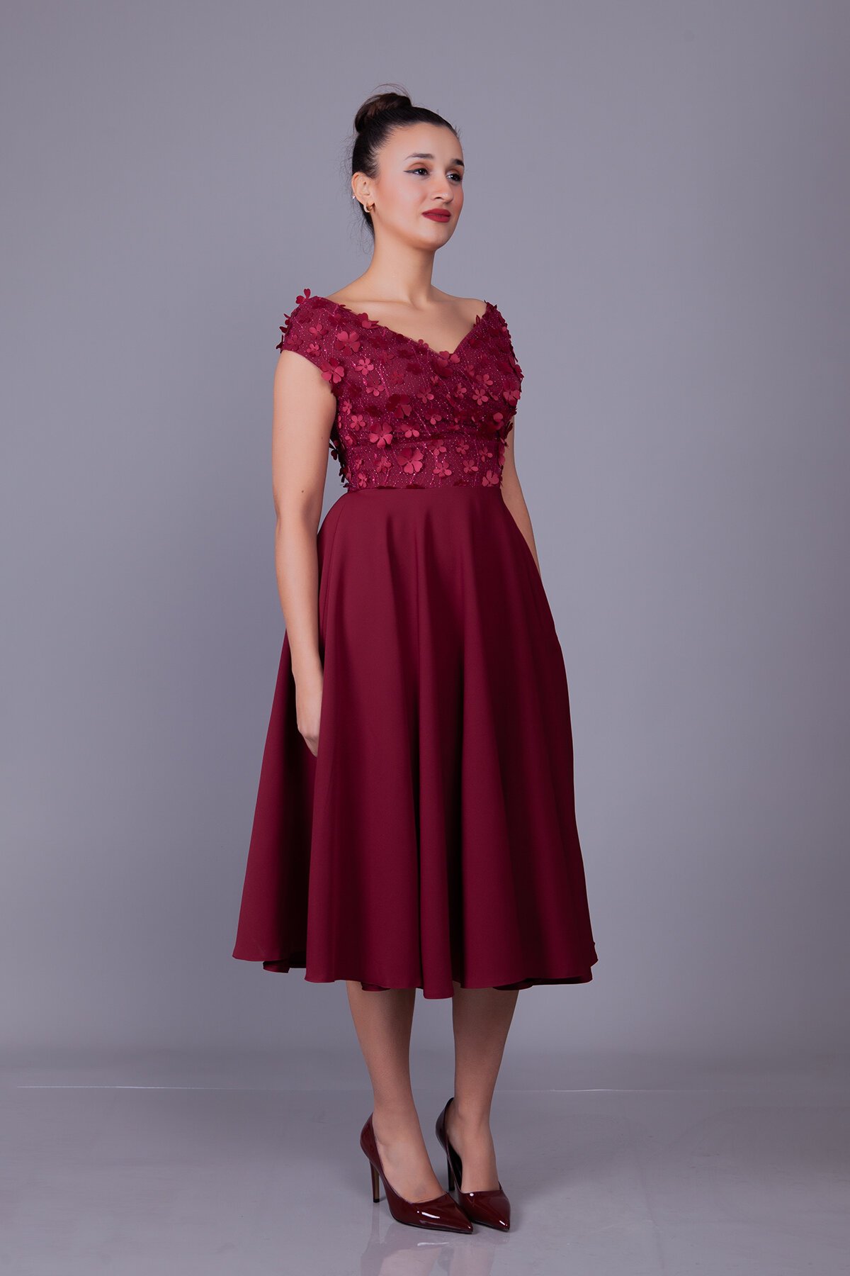 Midi Floral Tulle Detail Boat Neck Evening Dress - Burgundy - Bidoluelbise