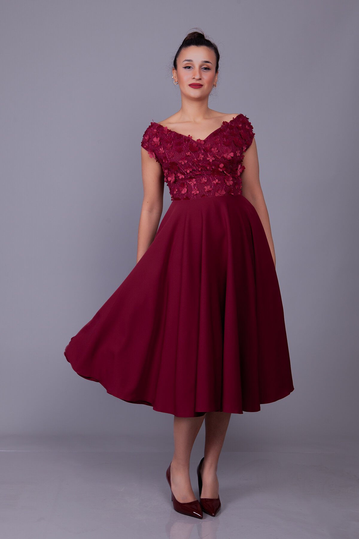 Midi Floral Tulle Detail Boat Neck Evening Dress - Burgundy - Bidoluelbise