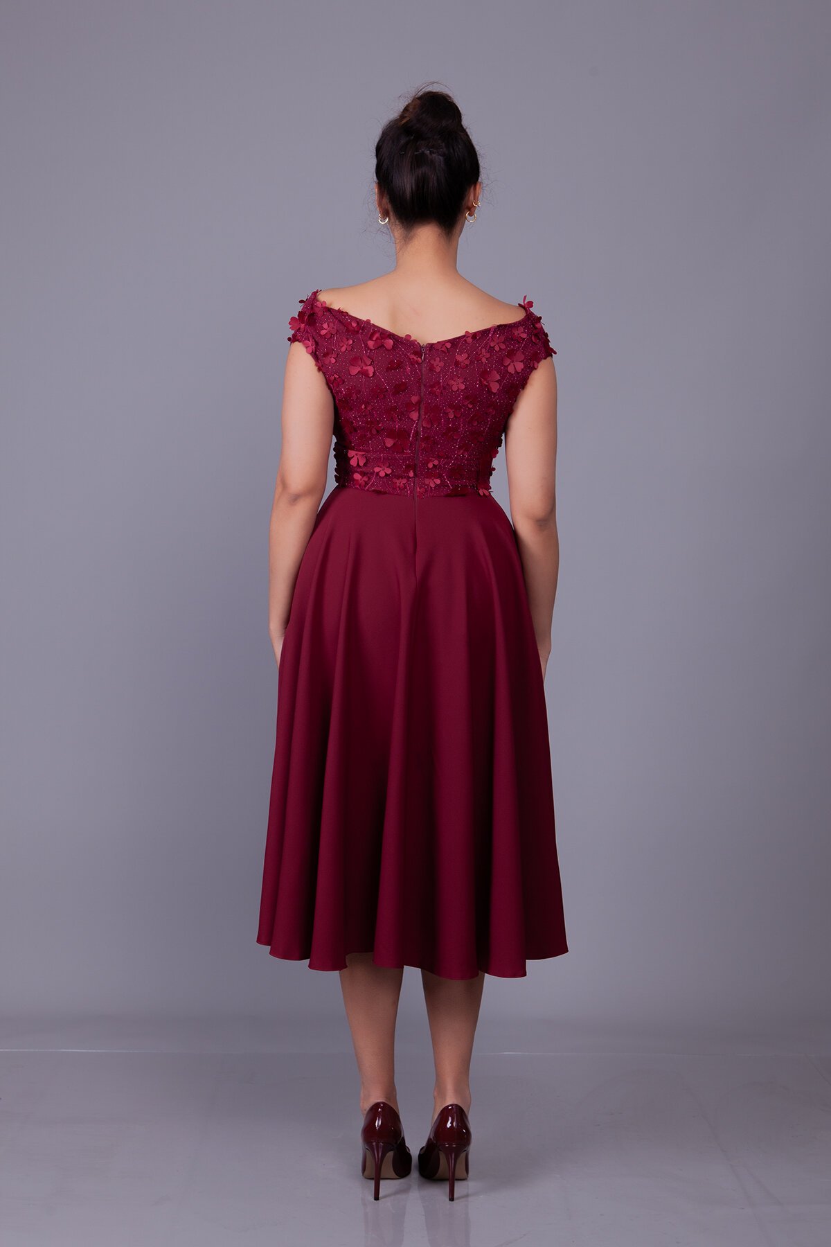 Midi Floral Tulle Detail Boat Neck Evening Dress - Burgundy - Bidoluelbise
