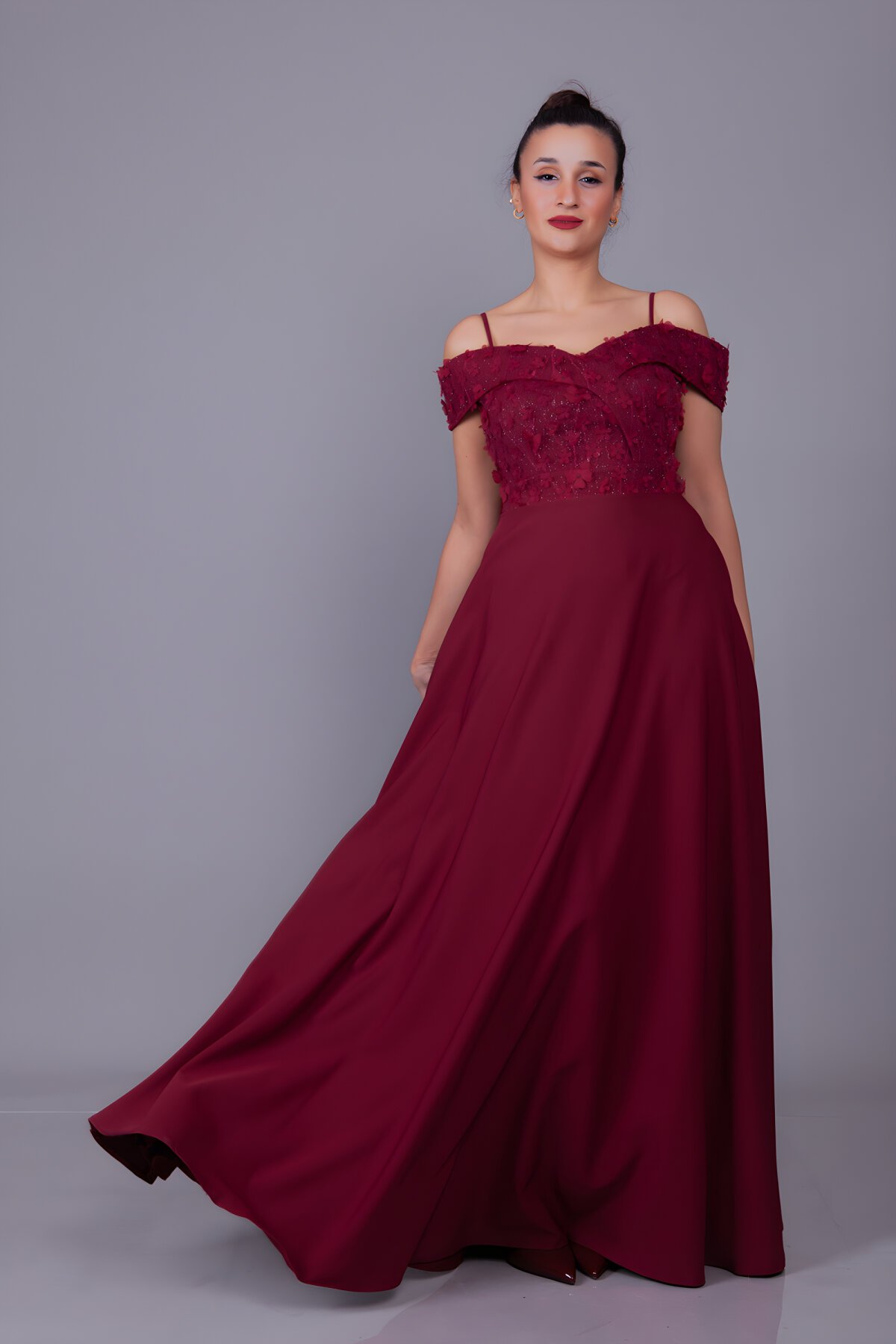 Long Flared Floral Off-the-Shoulder Strappy Evening Dress - Burgundy - Bidoluelbise