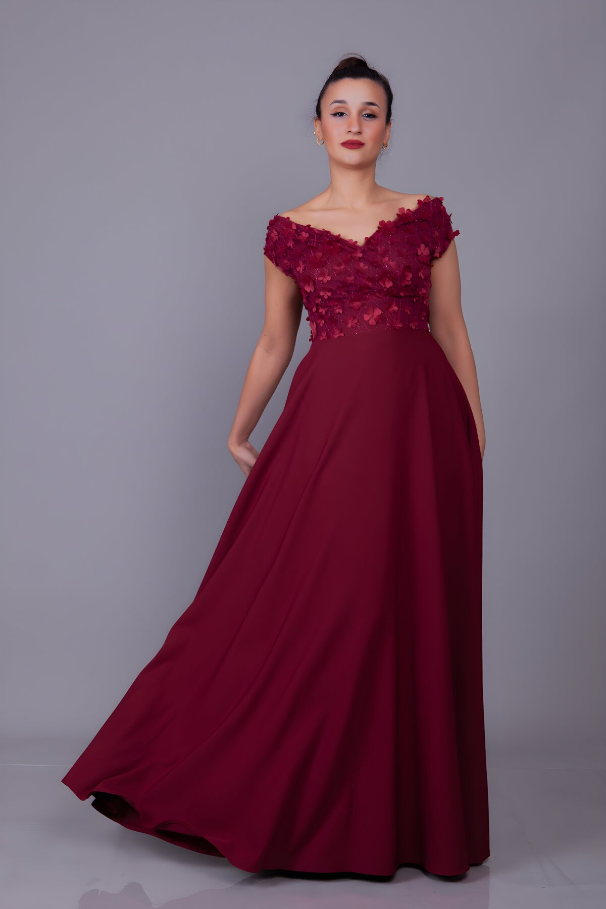 Long Floral Boat Neck Tulle Detail Evening Dress - Burgundy - Bidoluelbise