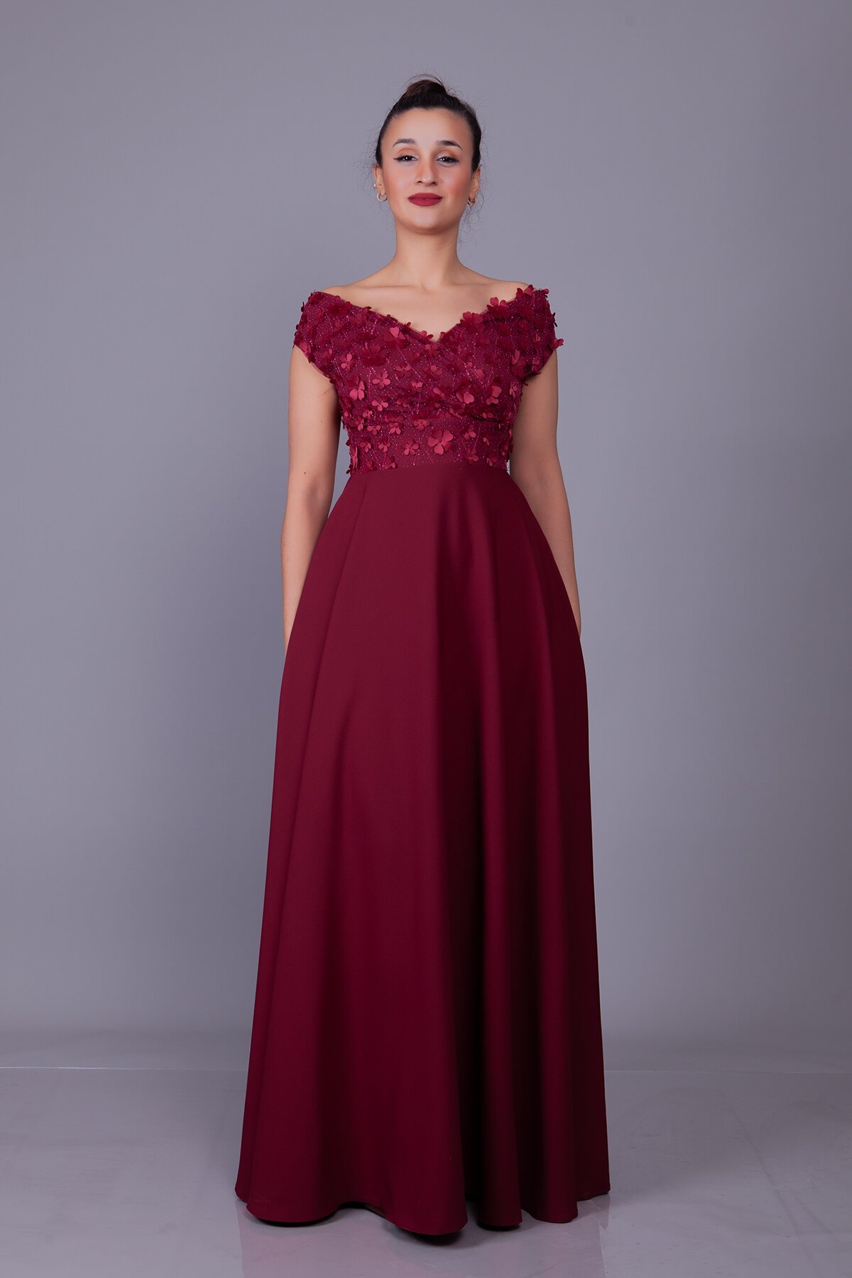 Long Floral Boat Neck Tulle Detail Evening Dress - Burgundy - Bidoluelbise