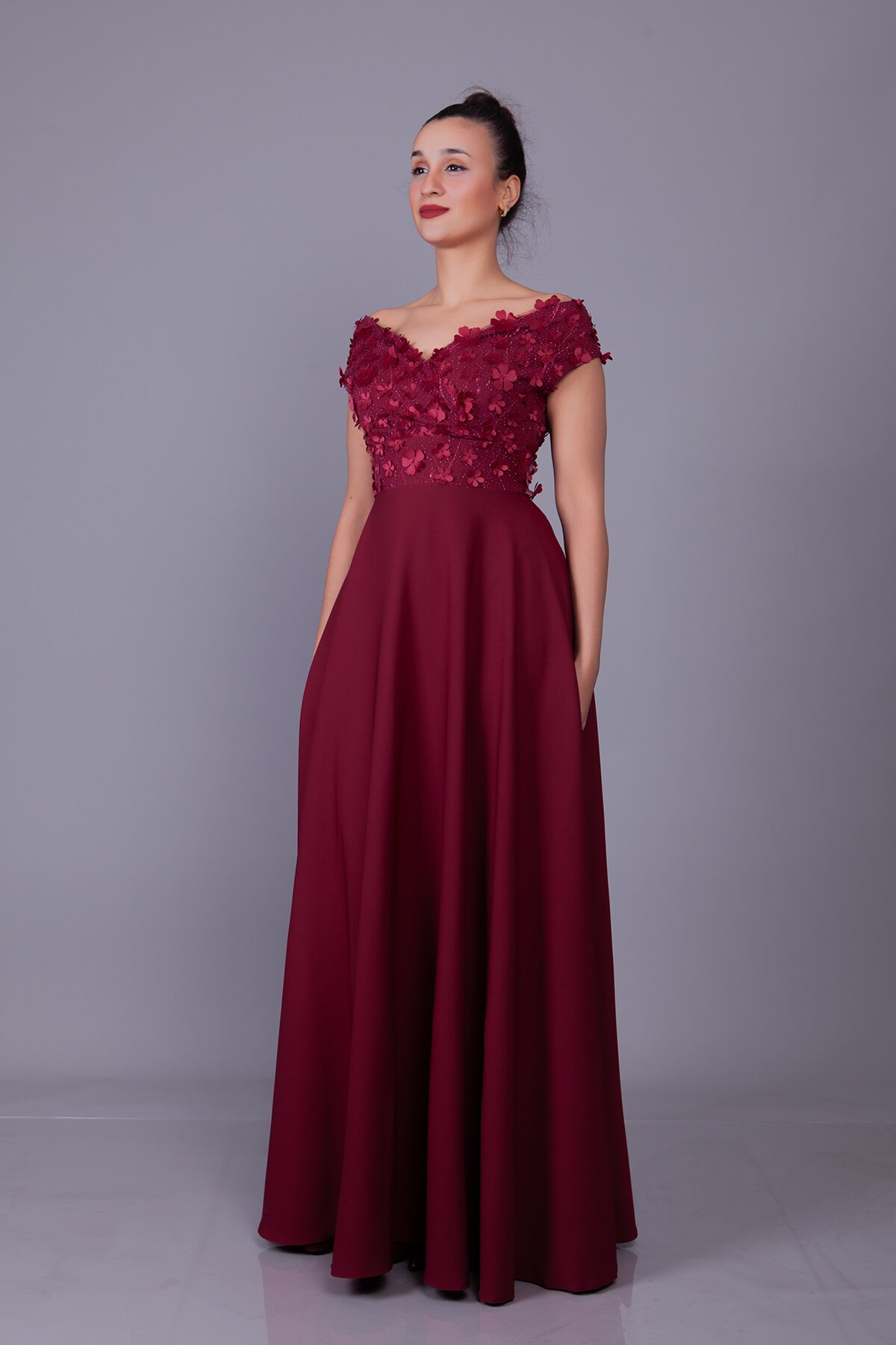 Long Floral Boat Neck Tulle Detail Evening Dress - Burgundy - Bidoluelbise