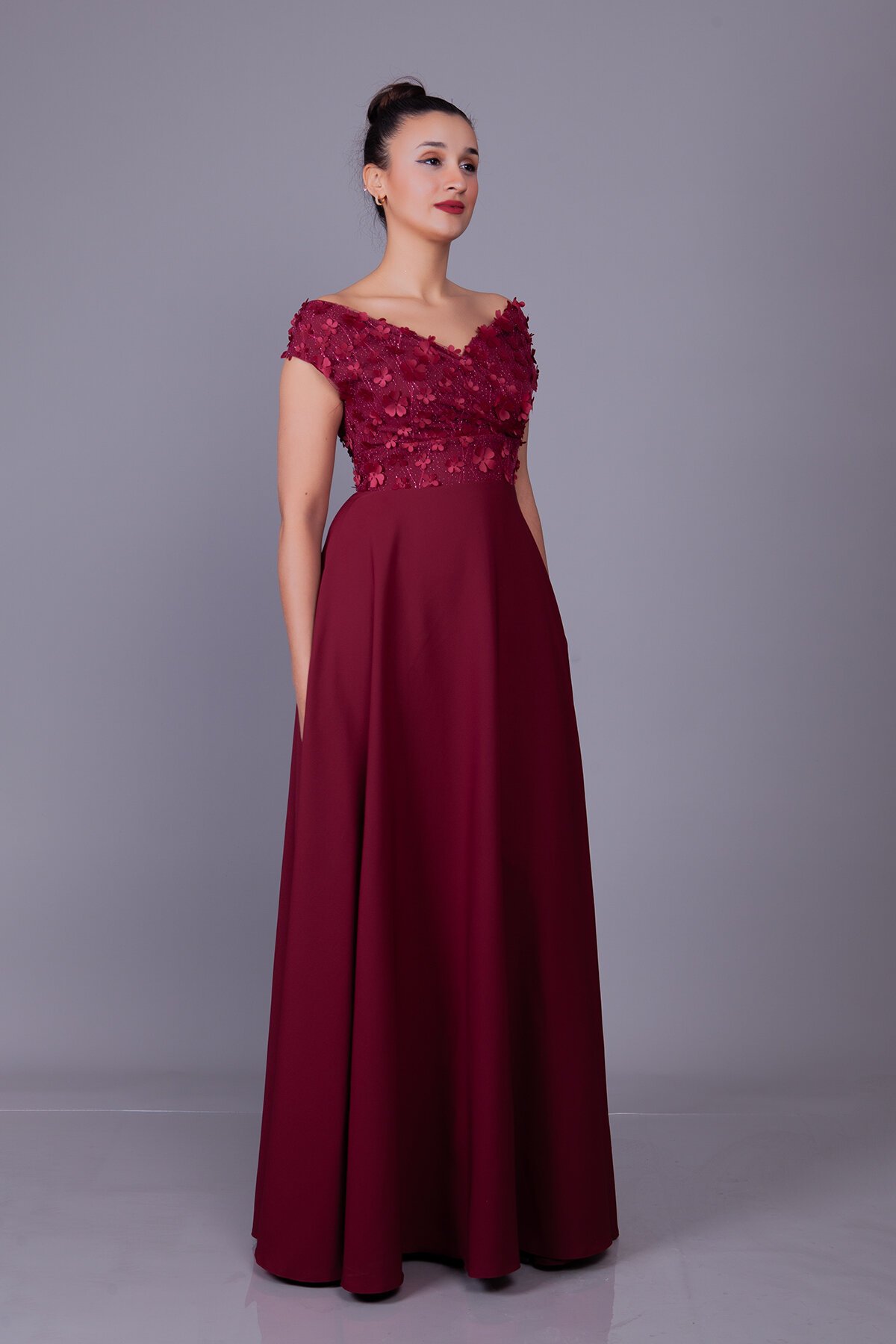Long Floral Boat Neck Tulle Detail Evening Dress - Burgundy - Bidoluelbise
