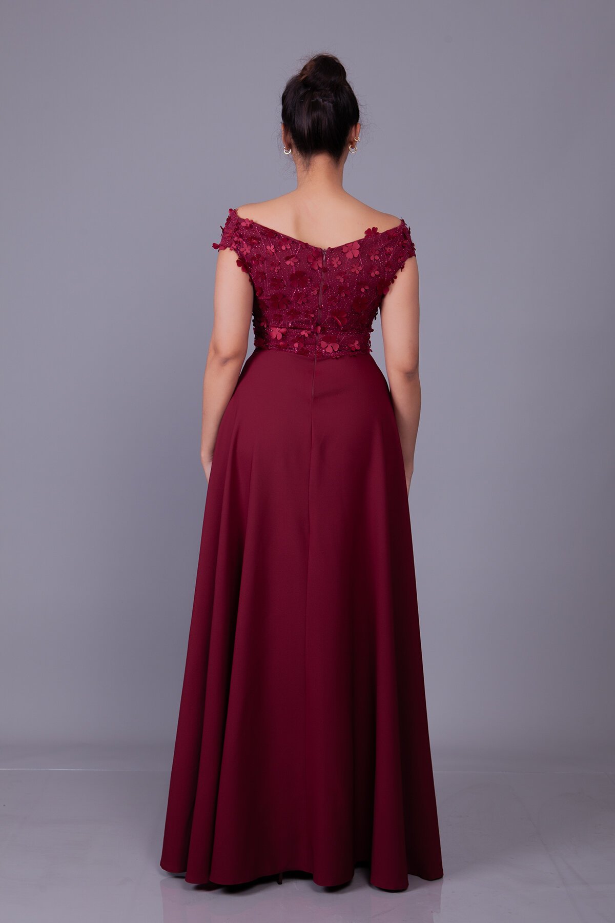 Long Floral Boat Neck Tulle Detail Evening Dress - Burgundy - Bidoluelbise